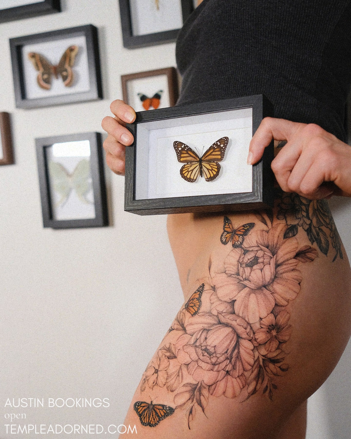 Monarch butterfly realism tattoo on the thigh by Temple Adorned Tattoo
