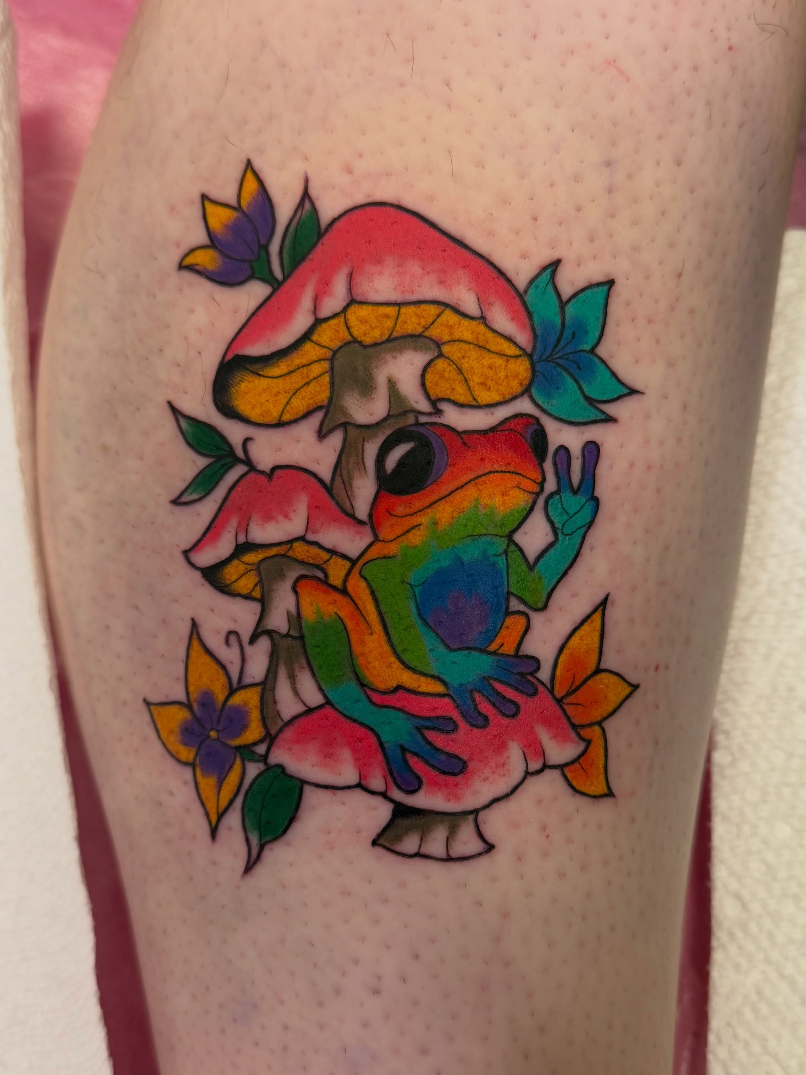 Frog and mushroom new school tattoo on the thigh by ✨Jen Lochbihler✨, Dickson, Tennessee