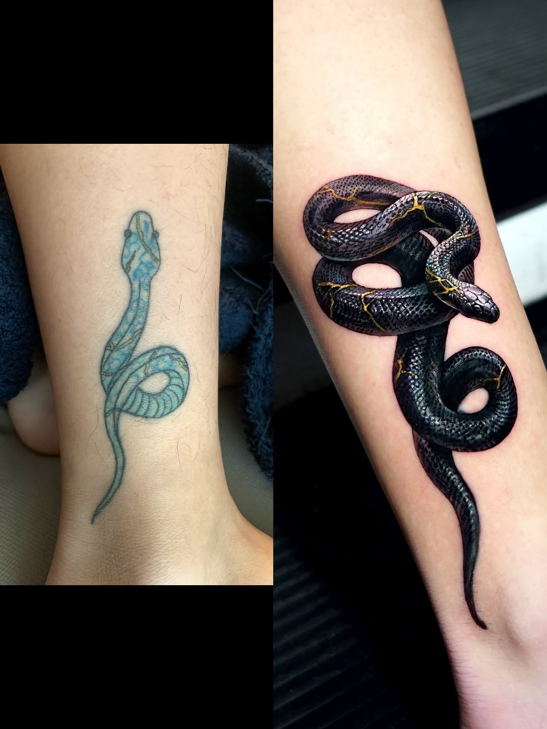 Black snake with gold accents American traditional tattoo on the forearm by Eun, Toronto, Ontario