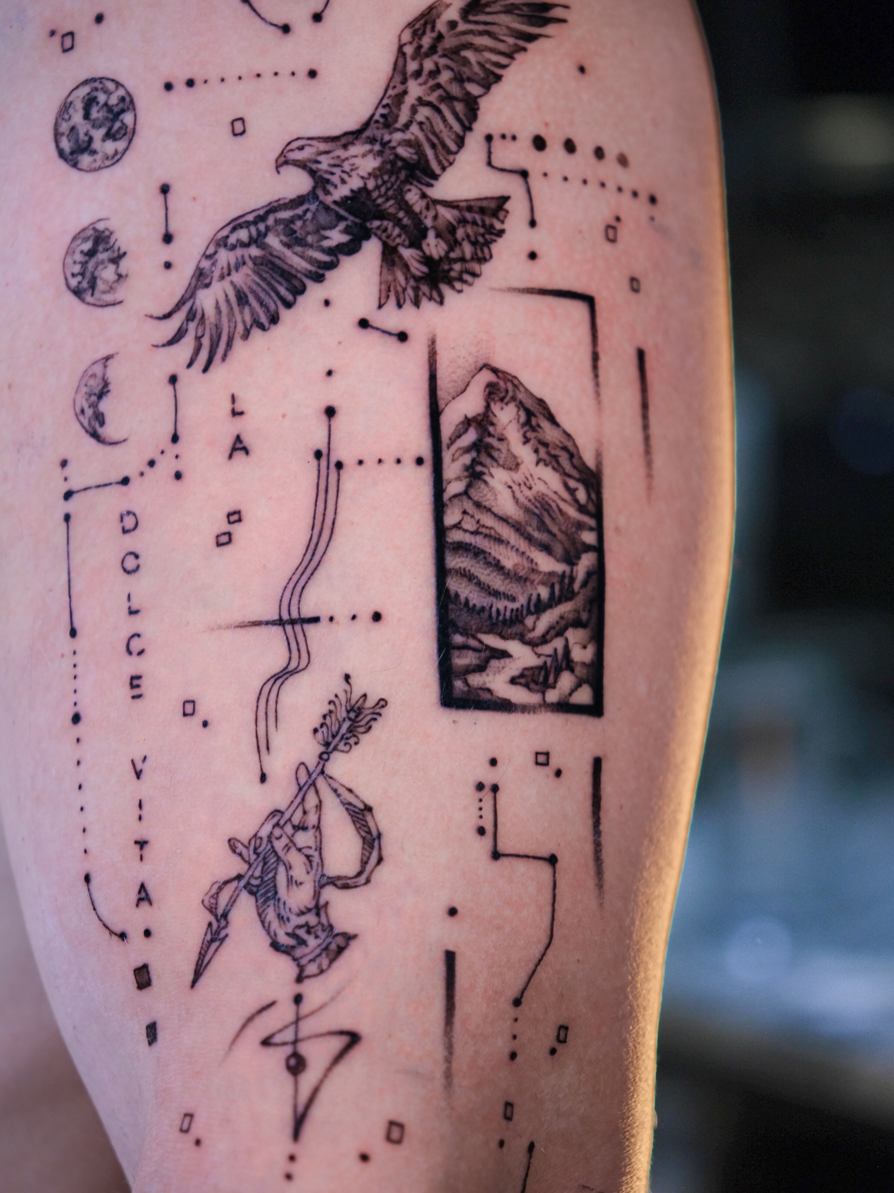 Mountain landscape dotwork tattoo on the forearm by Tattoo Miami π
