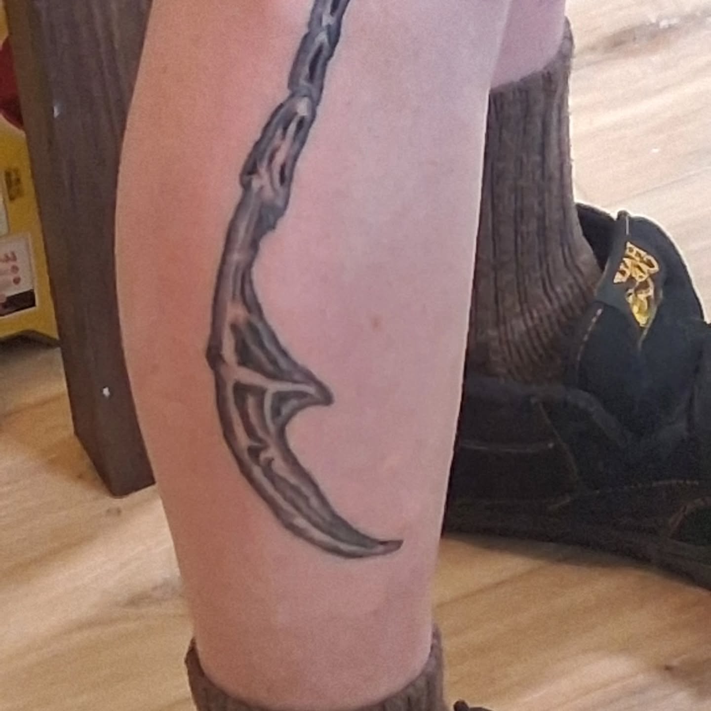 Scythe black and grey tattoo on the forearm by @rockinr33d.tattoos