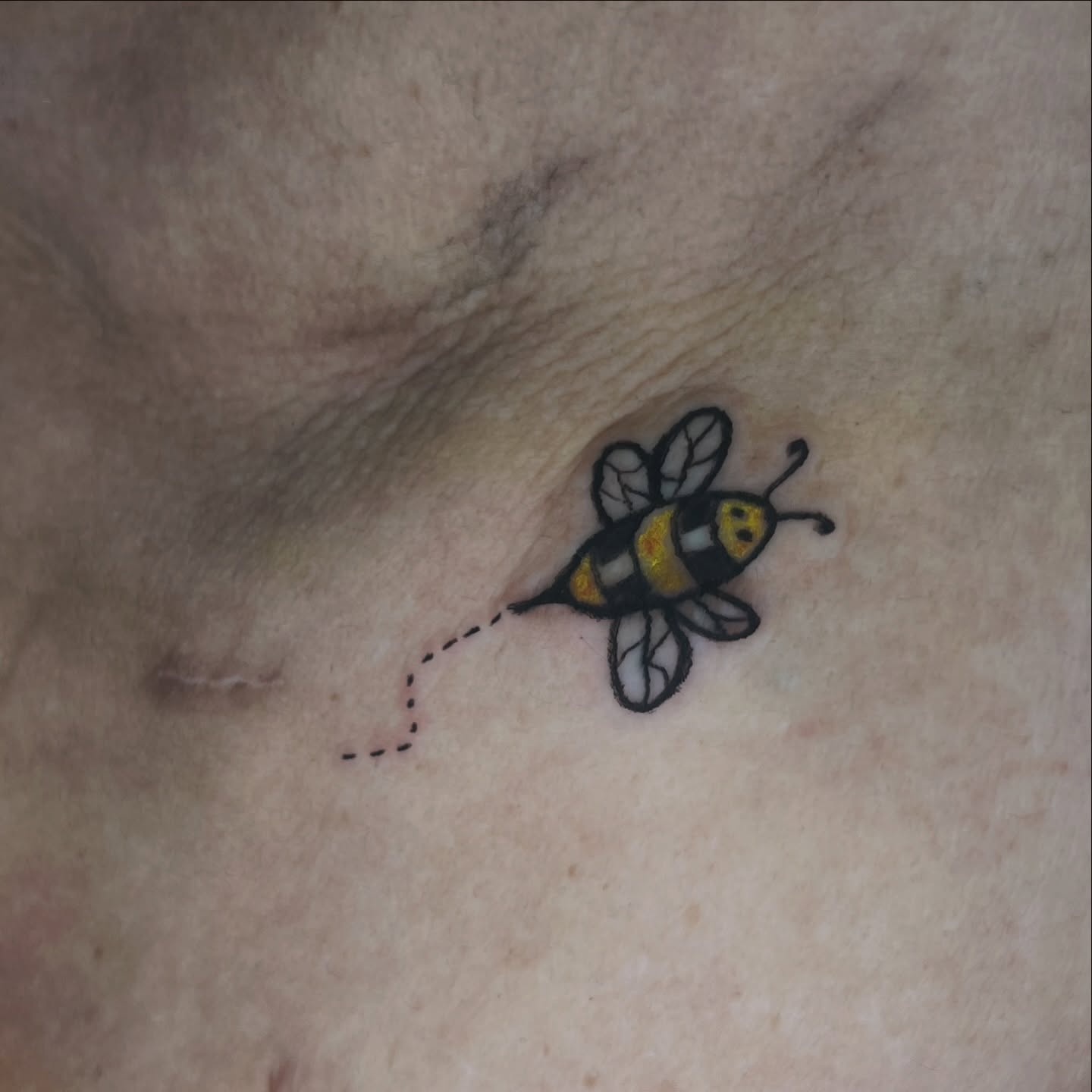 Bee new school tattoo on the chest by Evan Intveld
