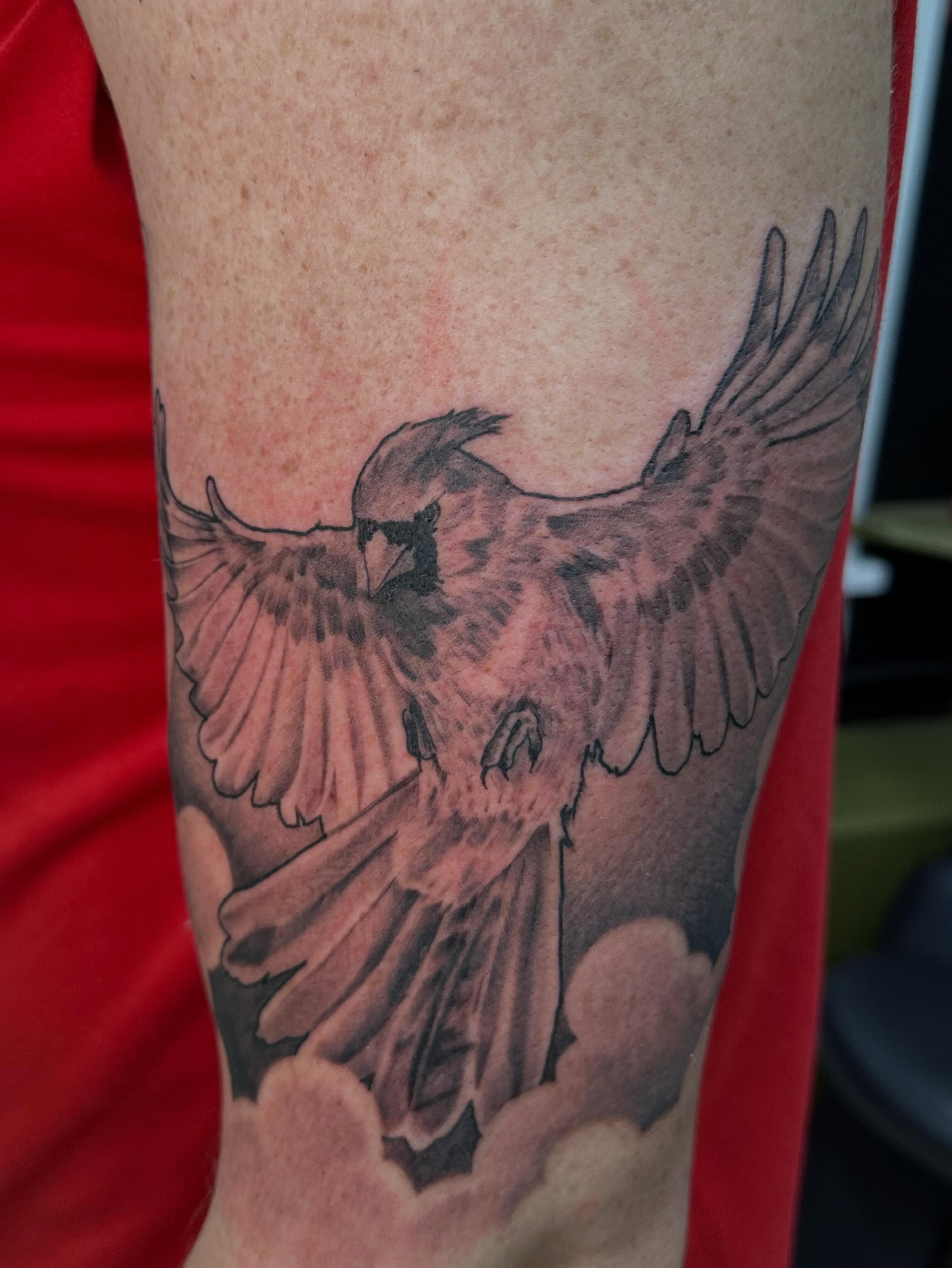 Bird black and grey tattoo on the forearm by Dustin Clark, Dayton, Ohio