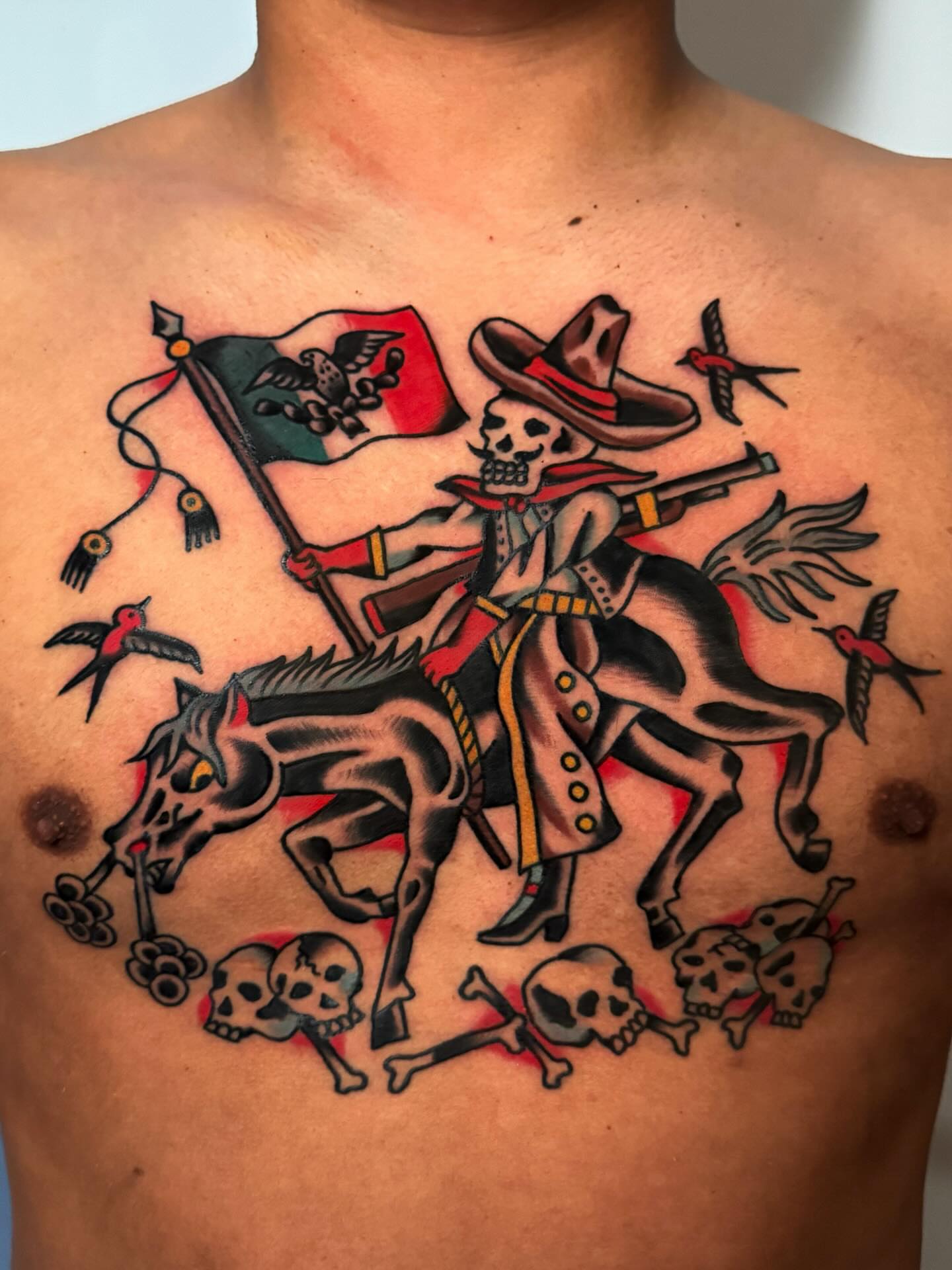 Mexican revolutionary rider American traditional tattoo on the chest by Bryce Shearer