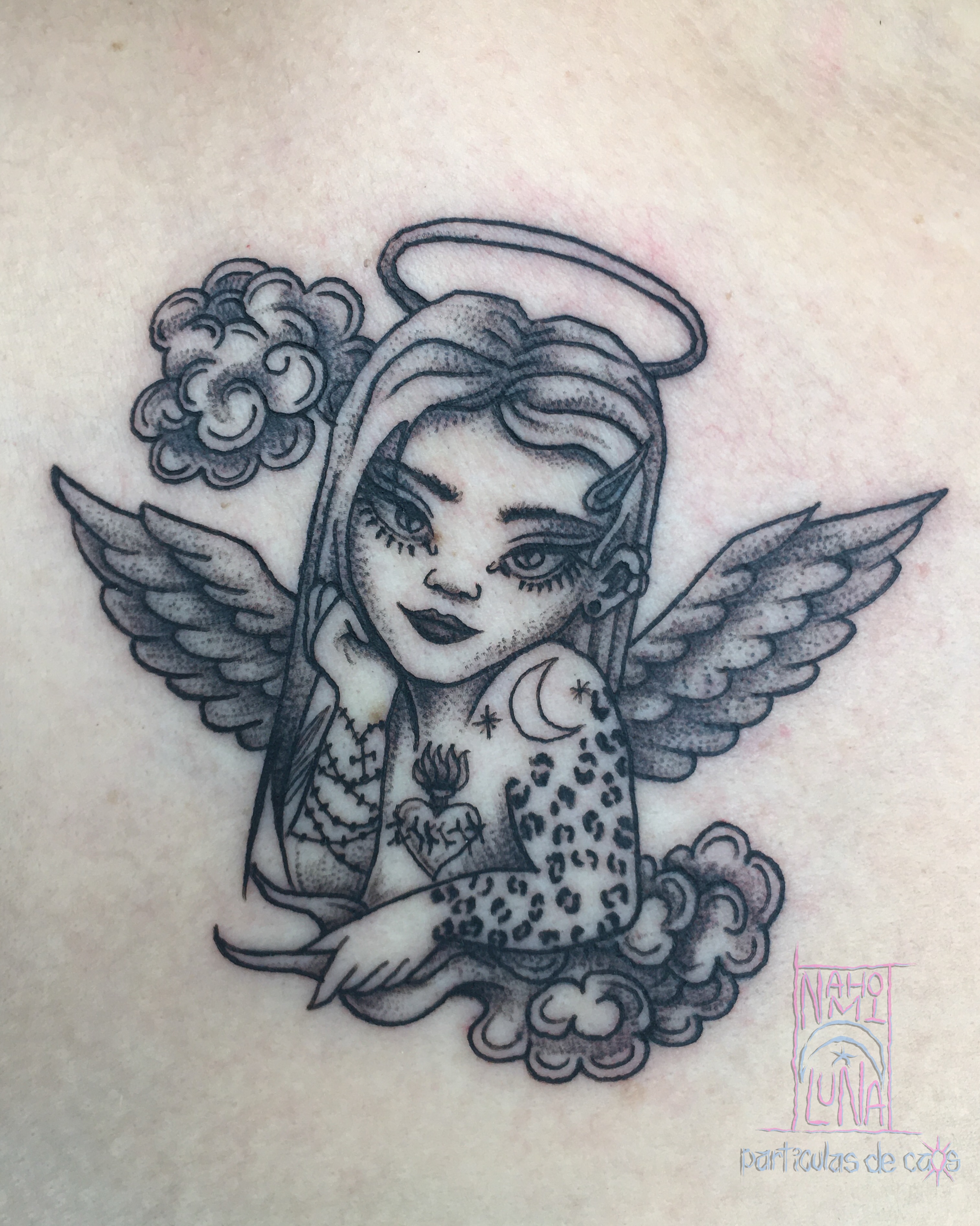Angel with wings dotwork tattoo on the torso by Nahomi Luna - Memphis & Cordova Tattoo, Memphis, Tennessee
