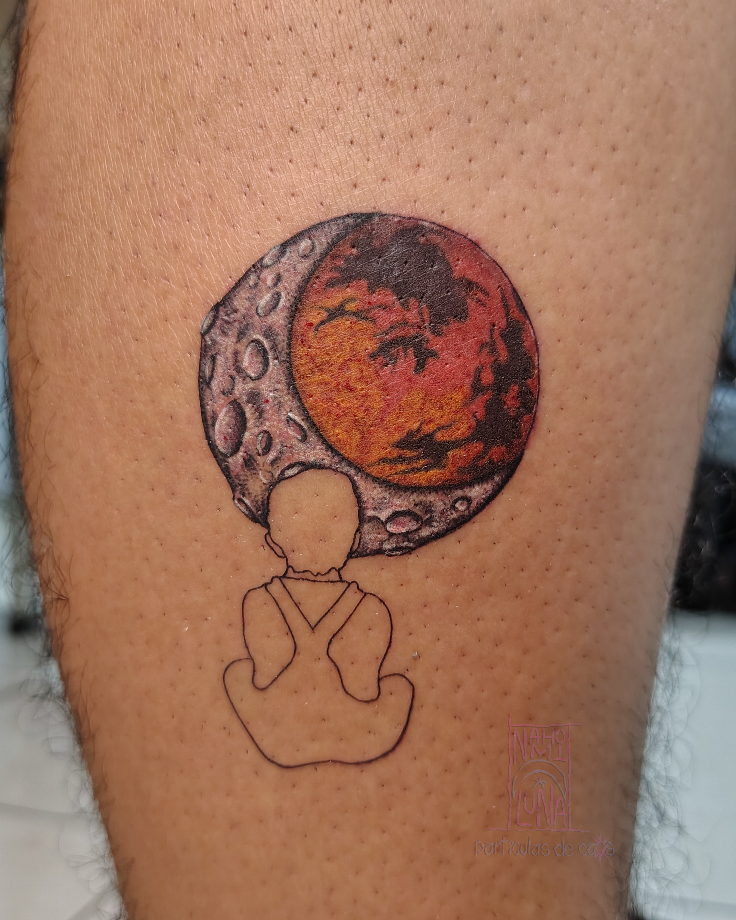 Astronaut and planet dotwork tattoo on the leg by Nahomi Luna - Memphis & Cordova Tattoo, Memphis, Tennessee