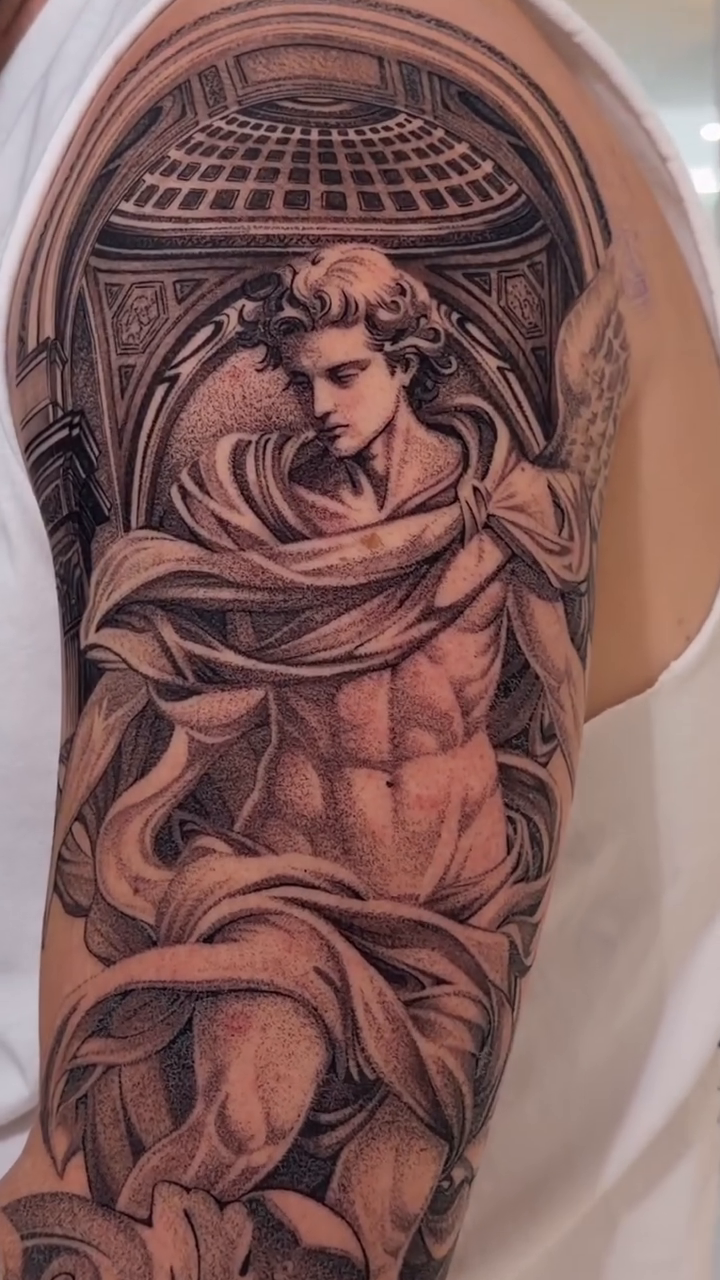 Classical sculpture of a male figure realism tattoo by Viktor Govorukhin