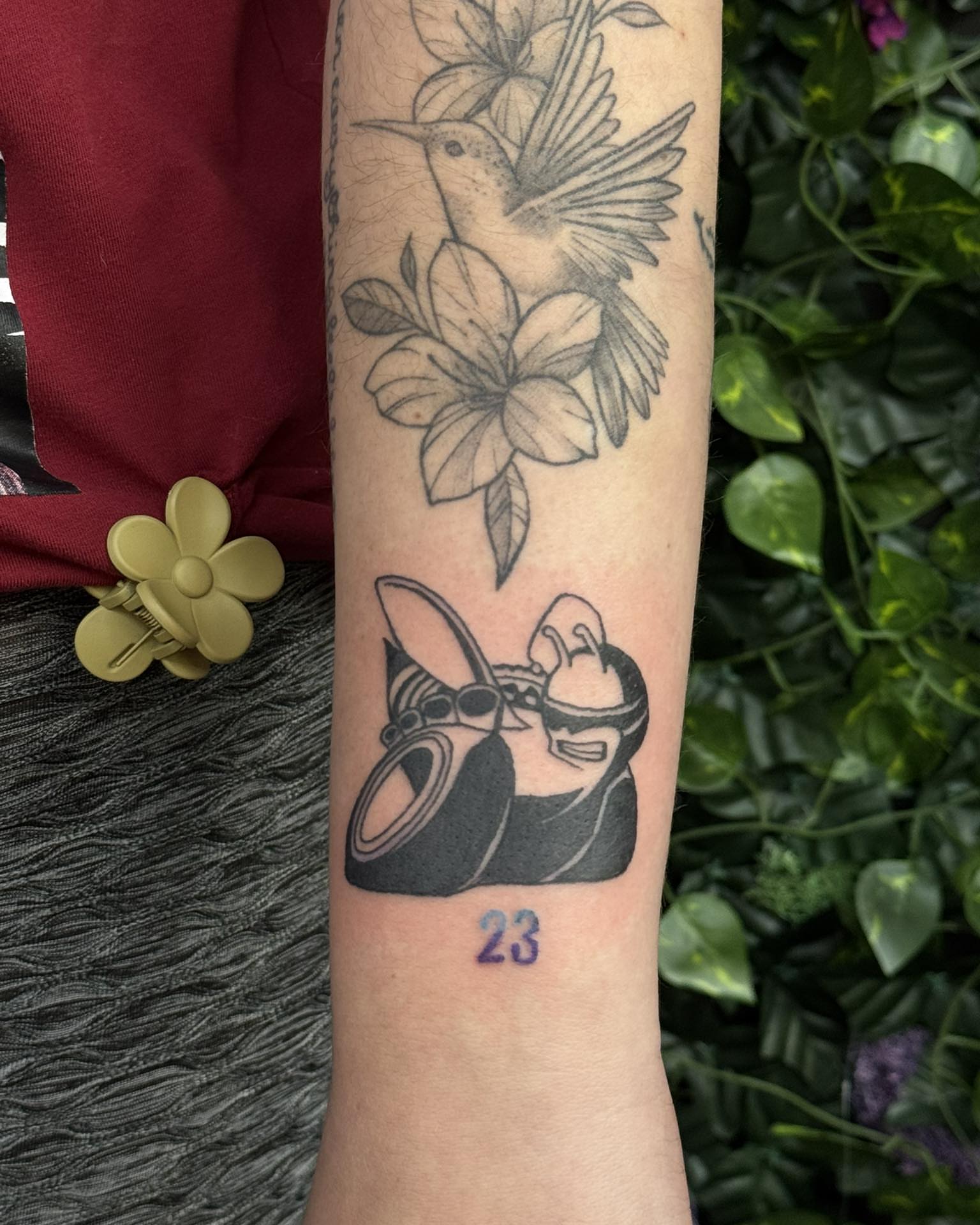 Camera black and grey tattoo on the forearm by Sabrina