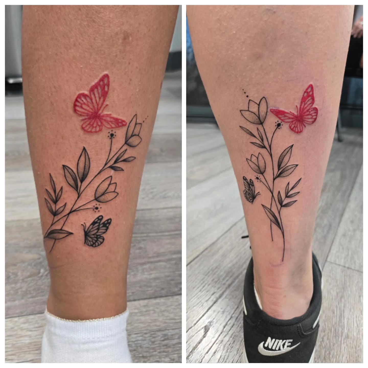 Butterfly and flowers fine line tattoo on the calf by Britty Love, Nashville, Tennessee