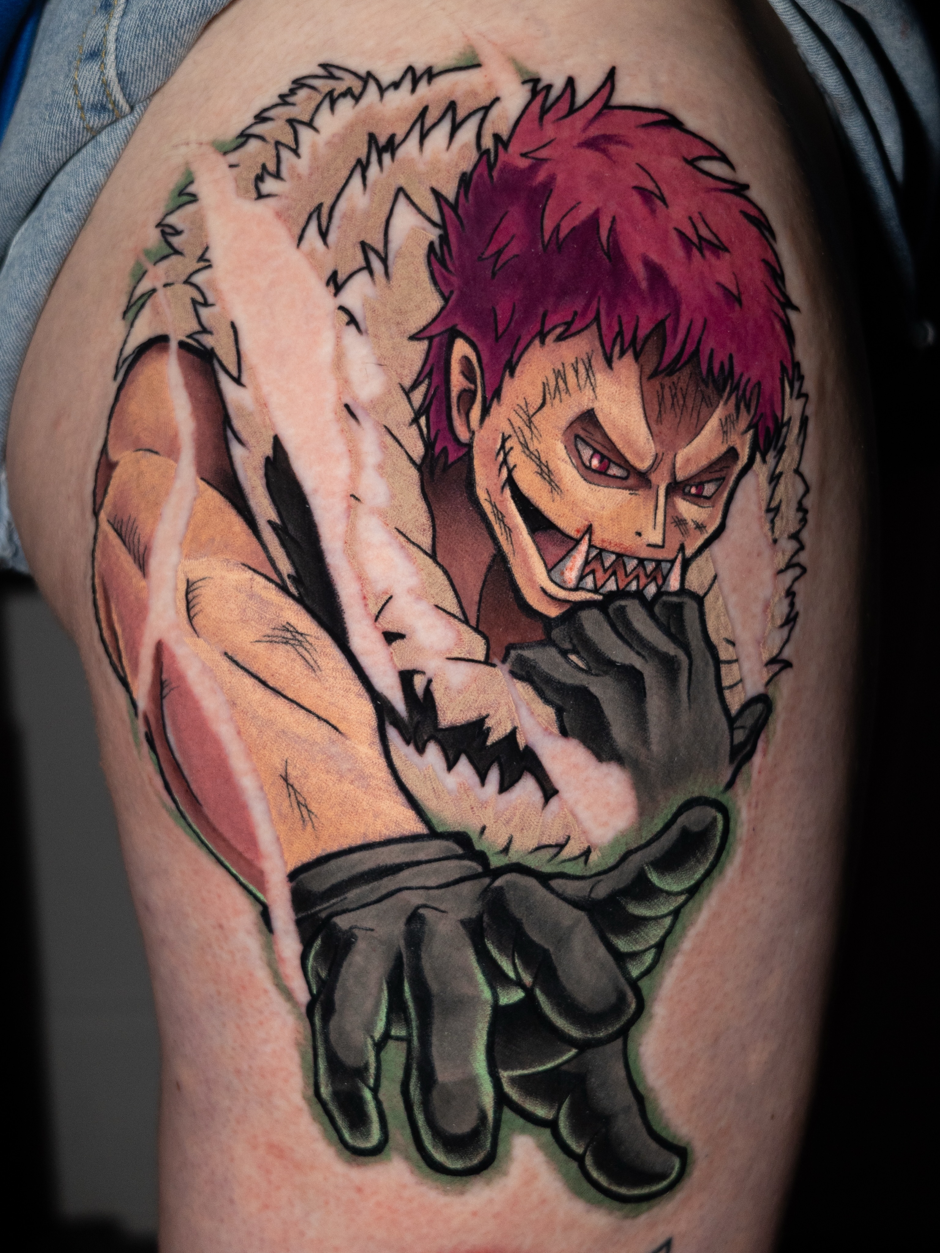 Demon anime tattoo on the thigh by Tracci King