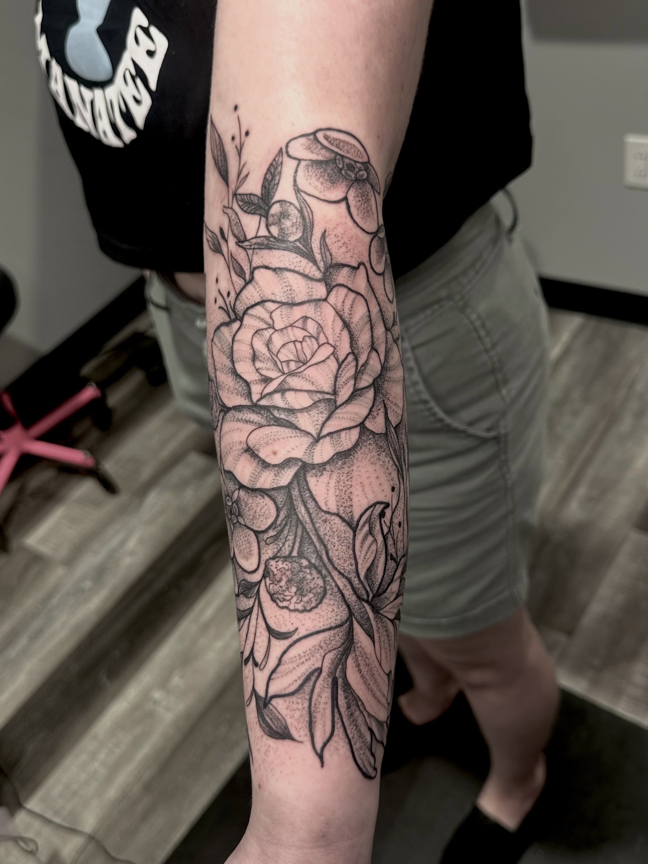 Tattoo by @bumbleknee_tattoos — dotwork, black_and_grey