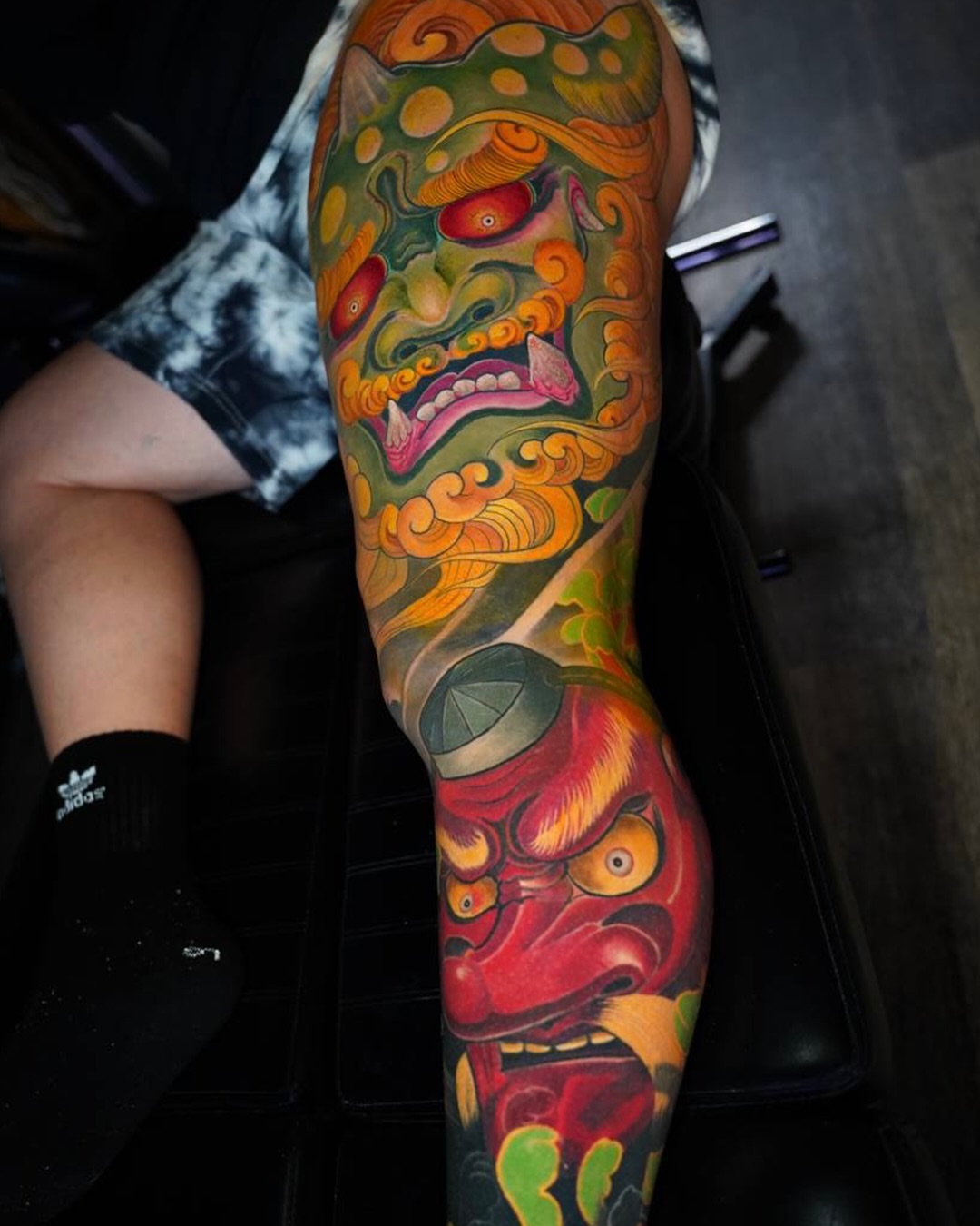 Demon mask japanese irezumi tattoo on the forearm by Grego Hernandez, Miami, Florida