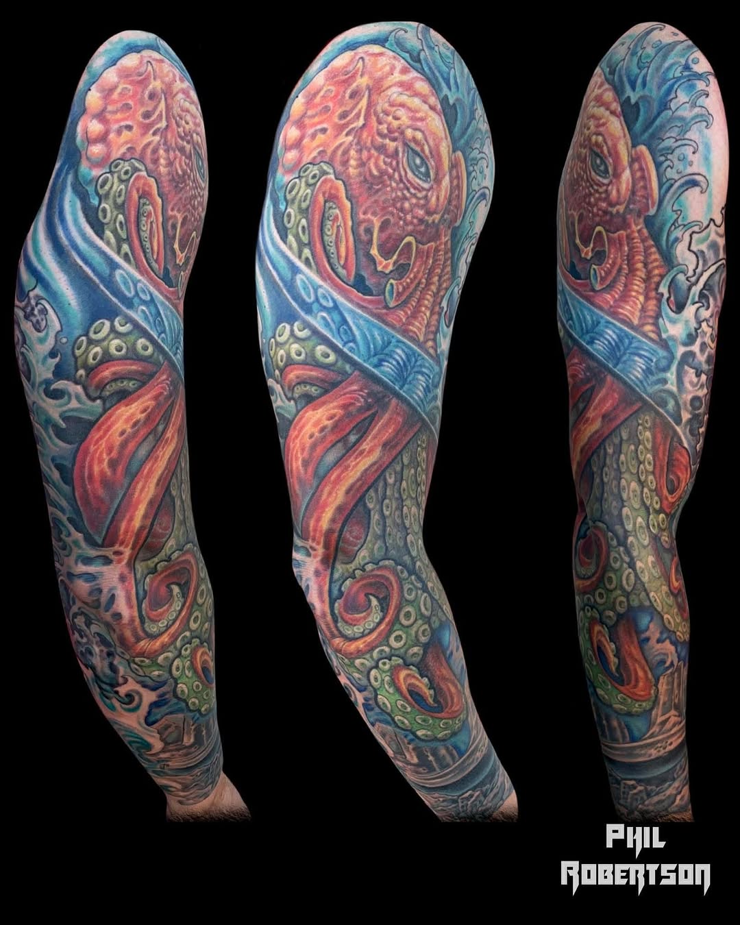 Octopus and waves biomech tattoo on the forearm by Phil Robertson