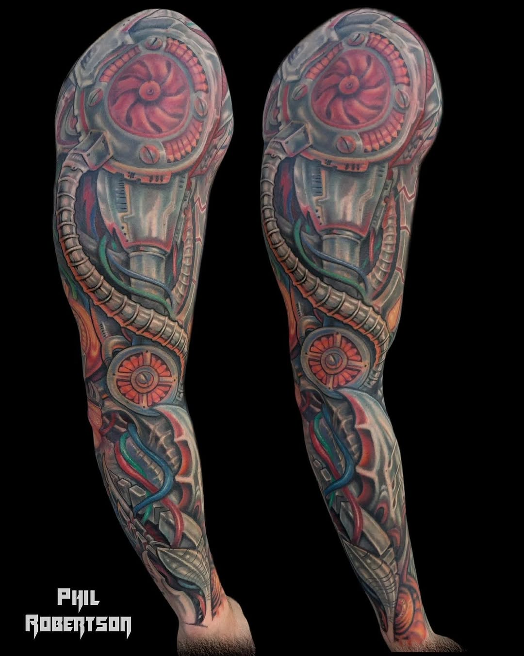Biomechanical sleeve biomech tattoo on the forearm by Phil Robertson