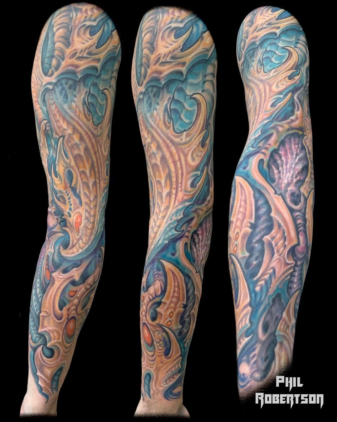 Biomechanical sleeve biomech tattoo on the forearm by Phil Robertson