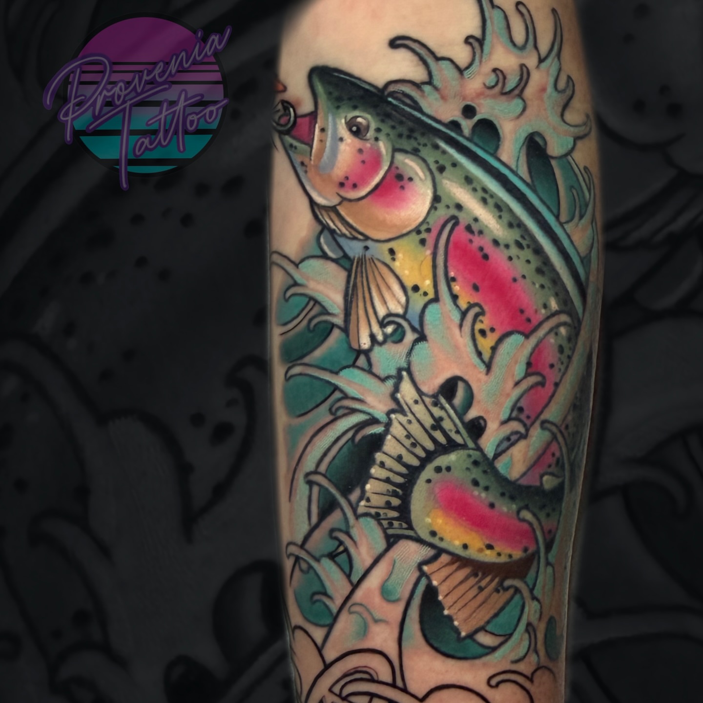 Rainbow trout American traditional tattoo on the forearm by taylor mills