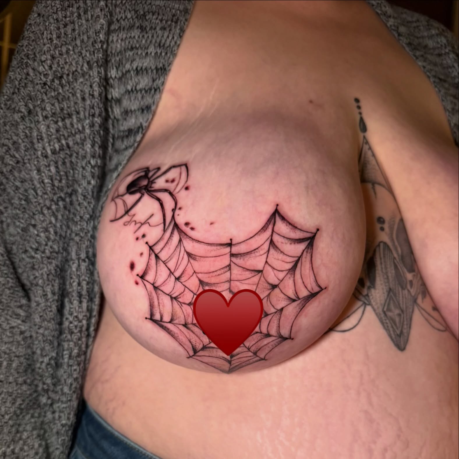 Spider web black and grey tattoo on the chest by Brandie