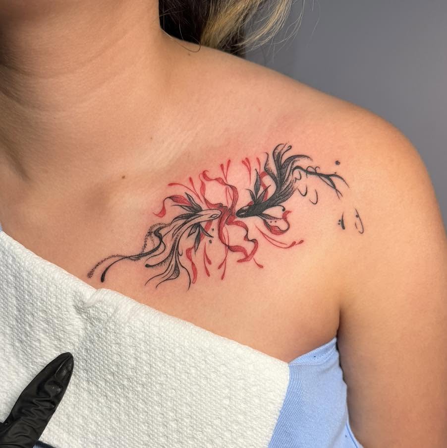 Abstract floral dotwork tattoo on the shoulder by Destiny A