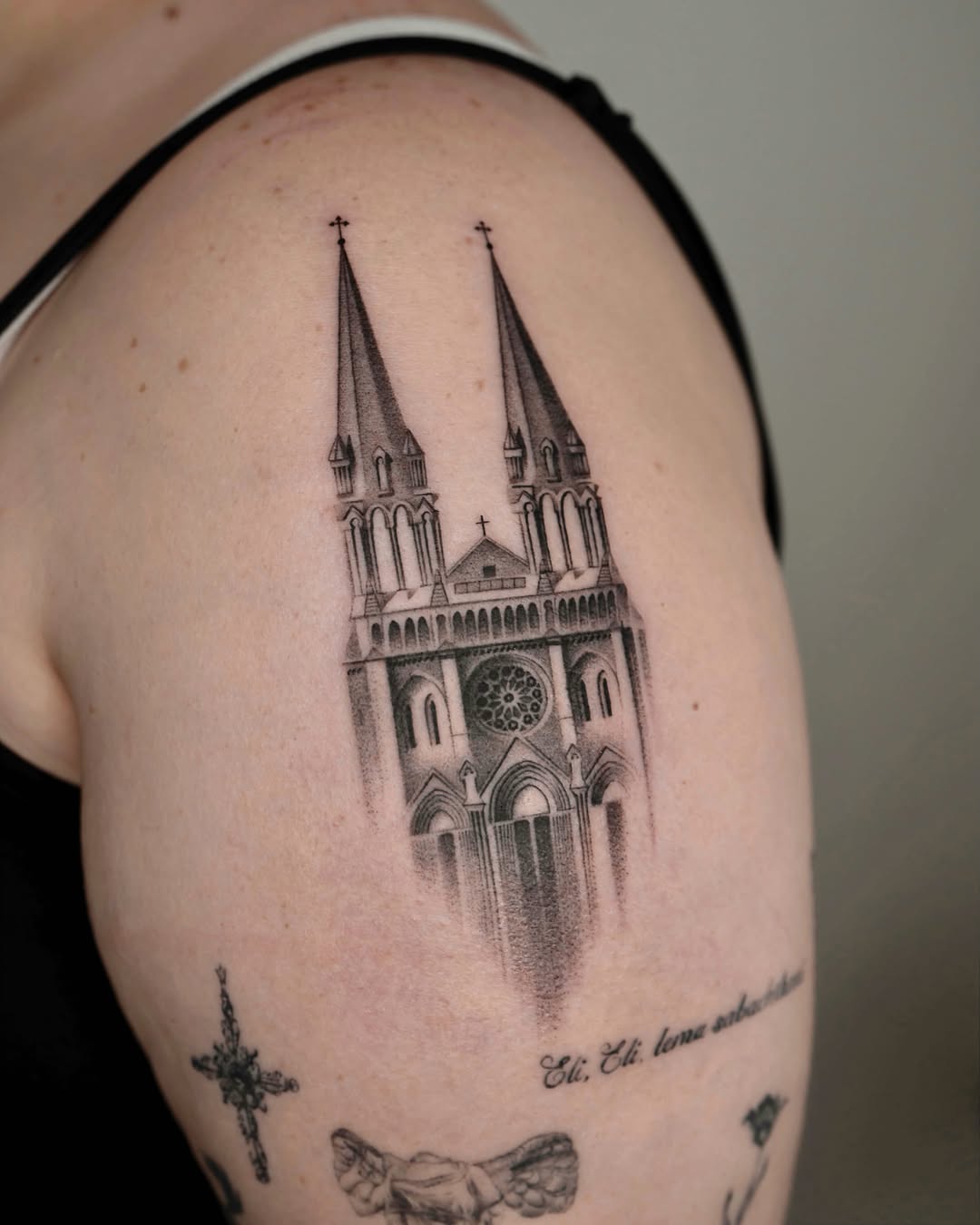 Gothic cathedral dotwork tattoo on the shoulder by t y, t a t t o o a r t i s t