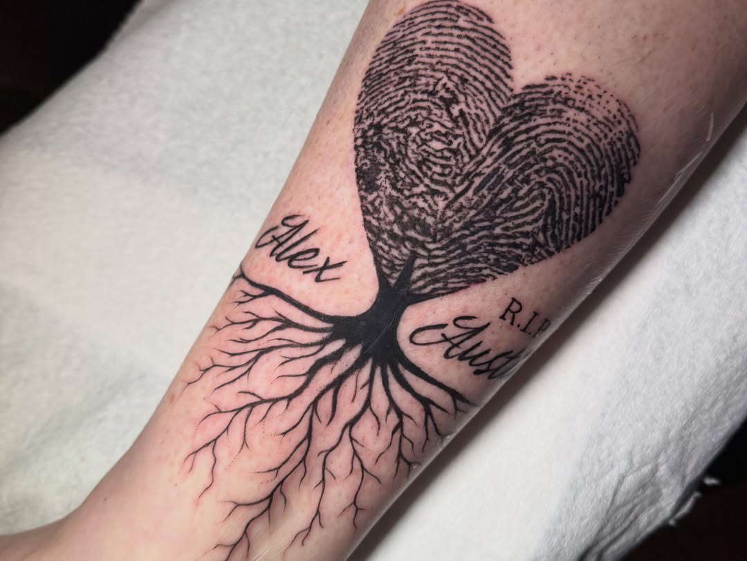 Fingerprint heart dotwork tattoo on the forearm by Brandie