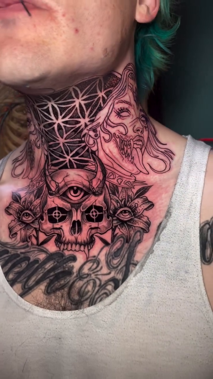 Skull and demonic face geometric tattoo by Dev Z