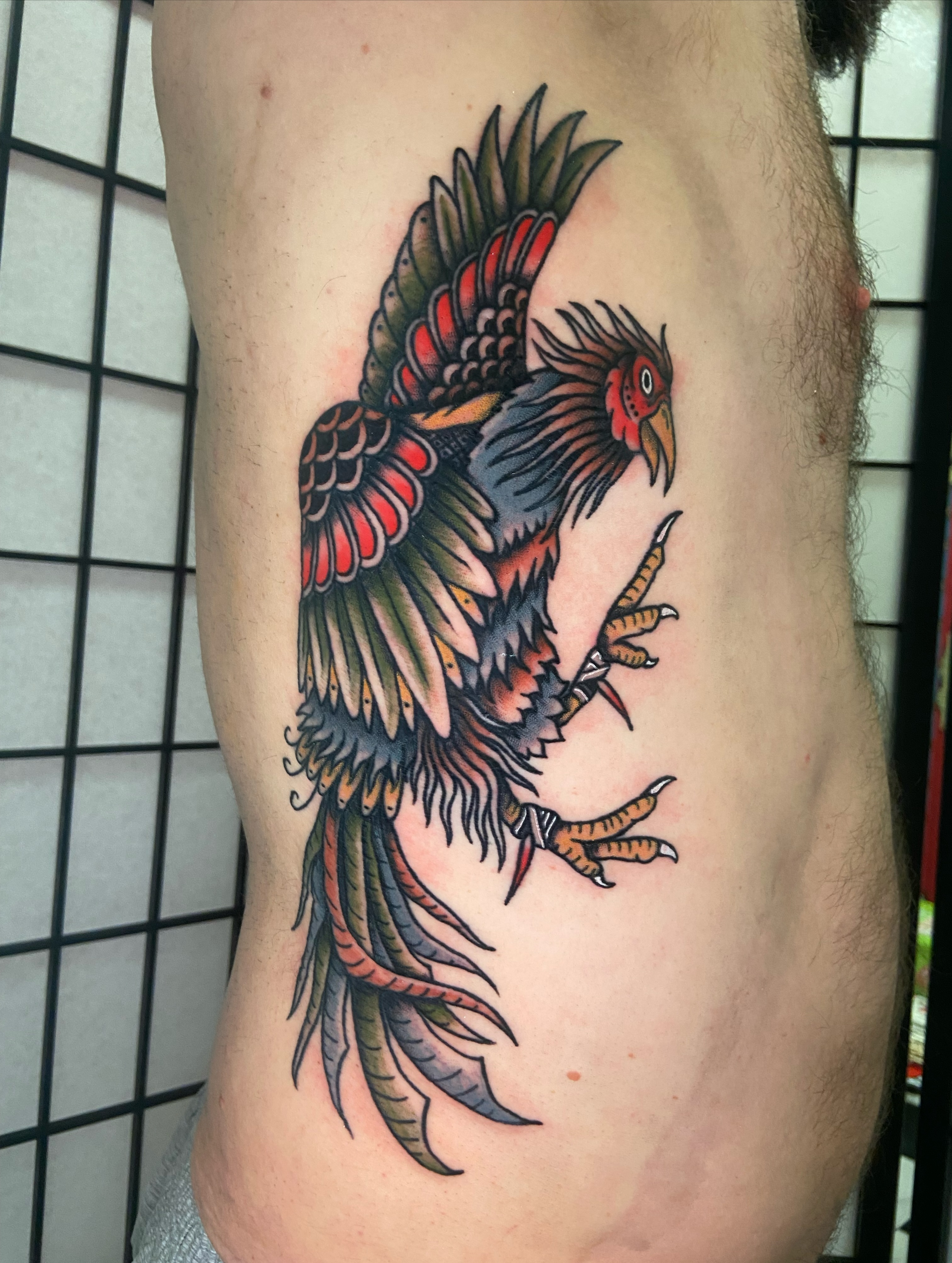 Rooster American traditional tattoo on the thigh by R y a n S m i t h