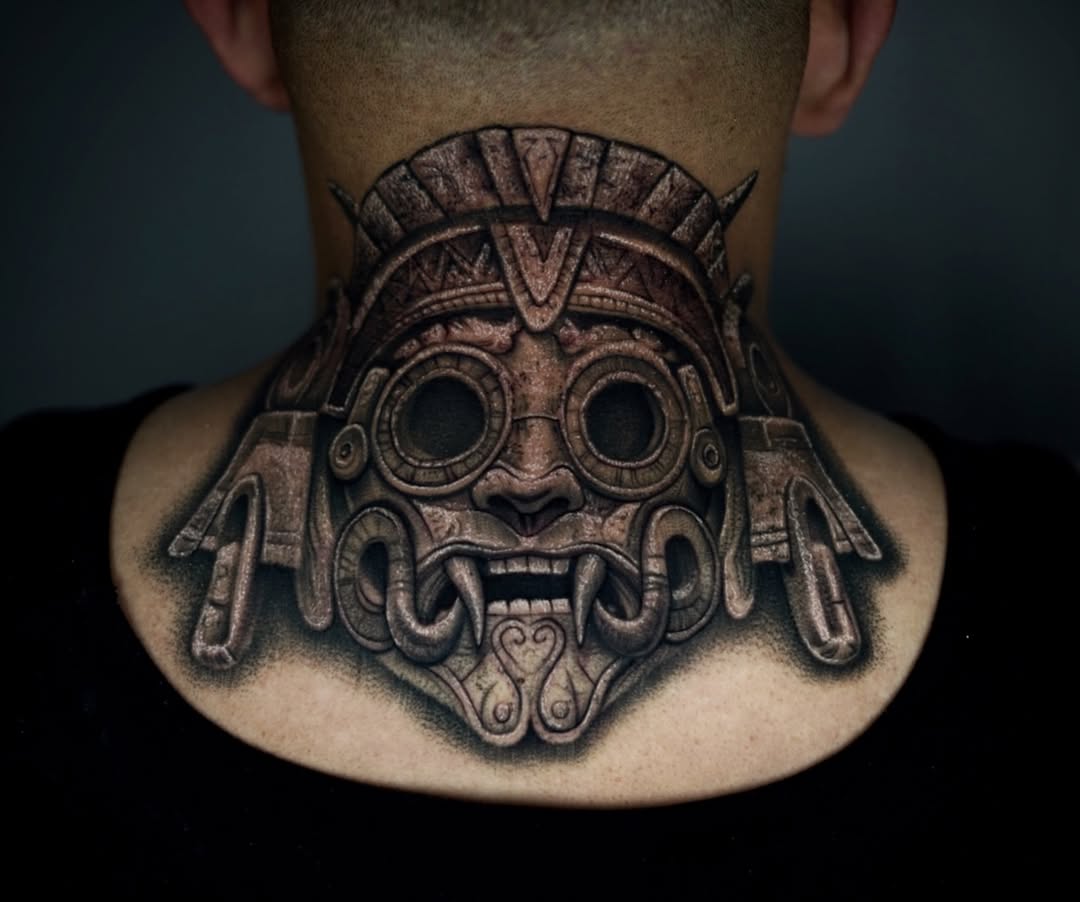 Aztec mask realism tattoo on the neck by DREW ROMERO - Colorado Tattoo Artist, Pueblo, Colorado