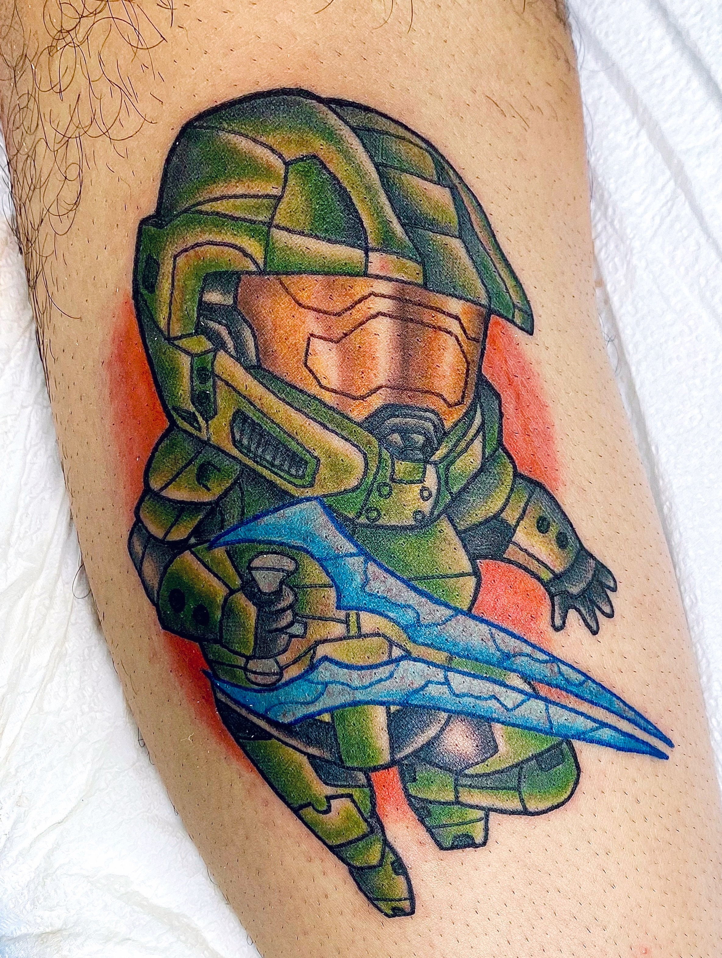 Master chief helmet geometric tattoo on the thigh by Aidan Monahan Tattoo