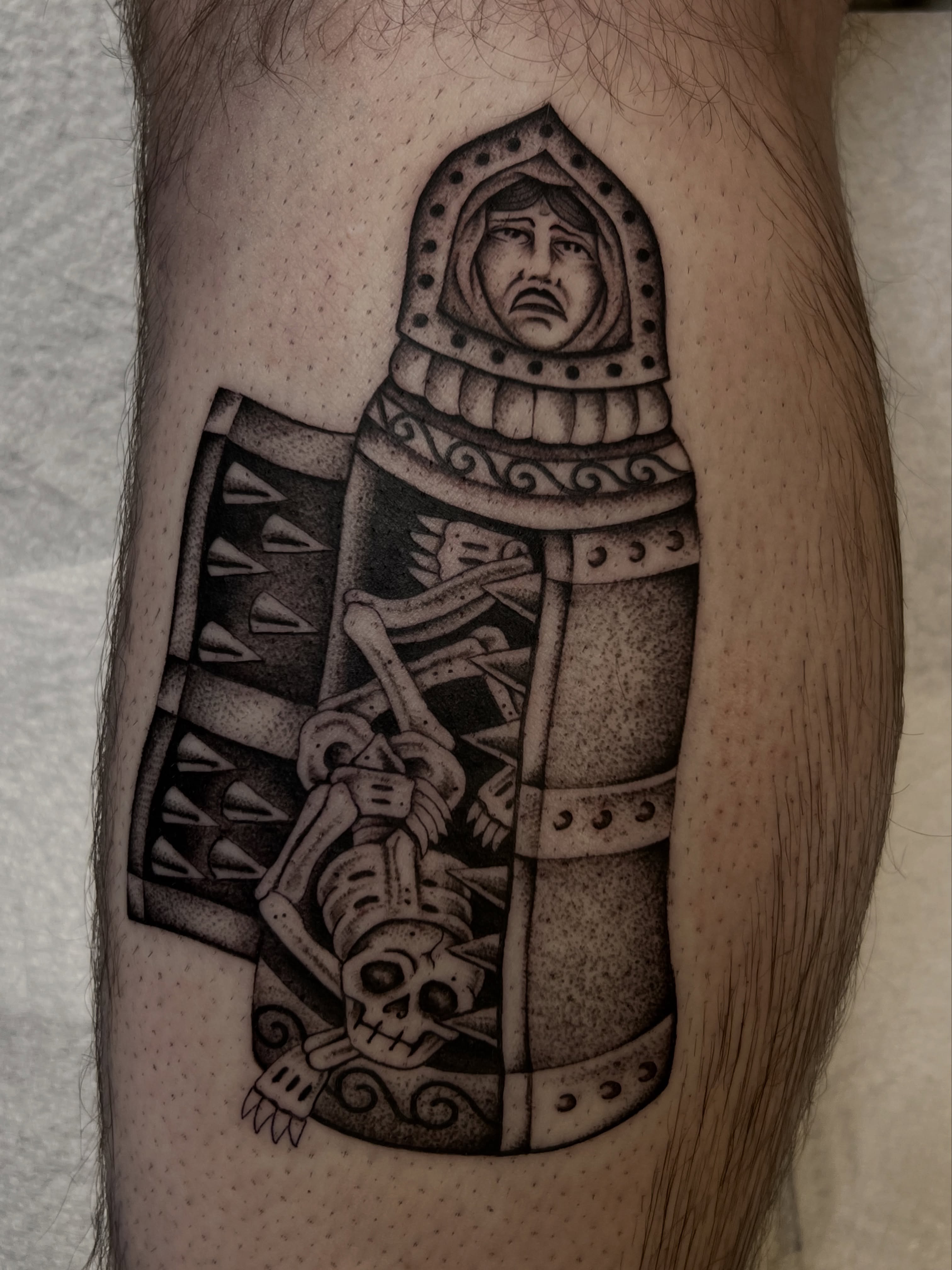 Medieval knight realism tattoo on the forearm by Cassidy Maples