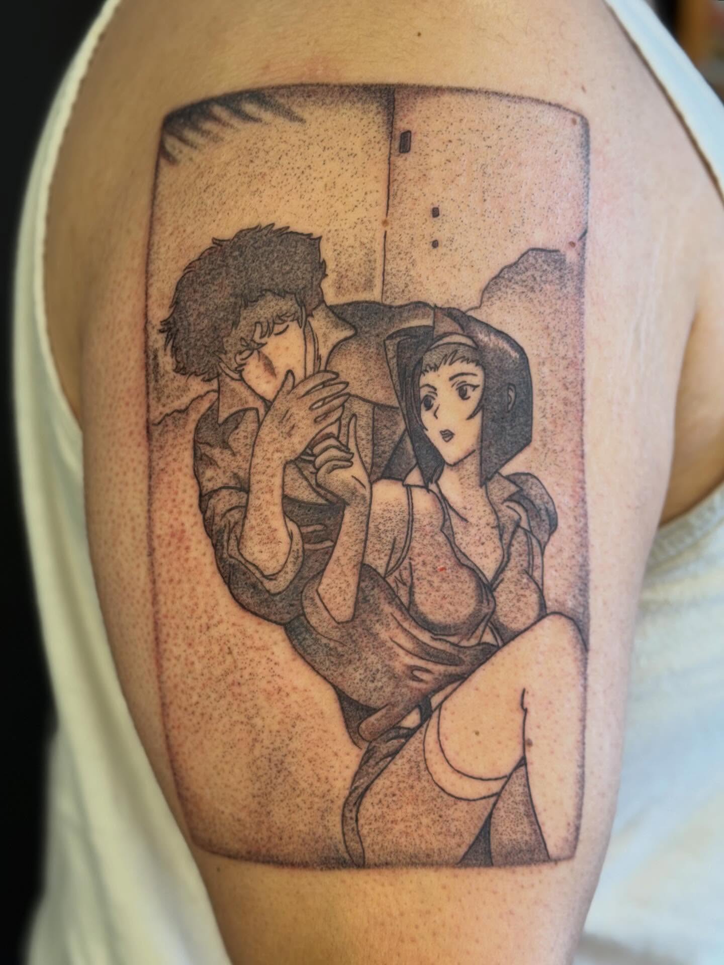 Anime couple dotwork tattoo on the upper arm by LooSid