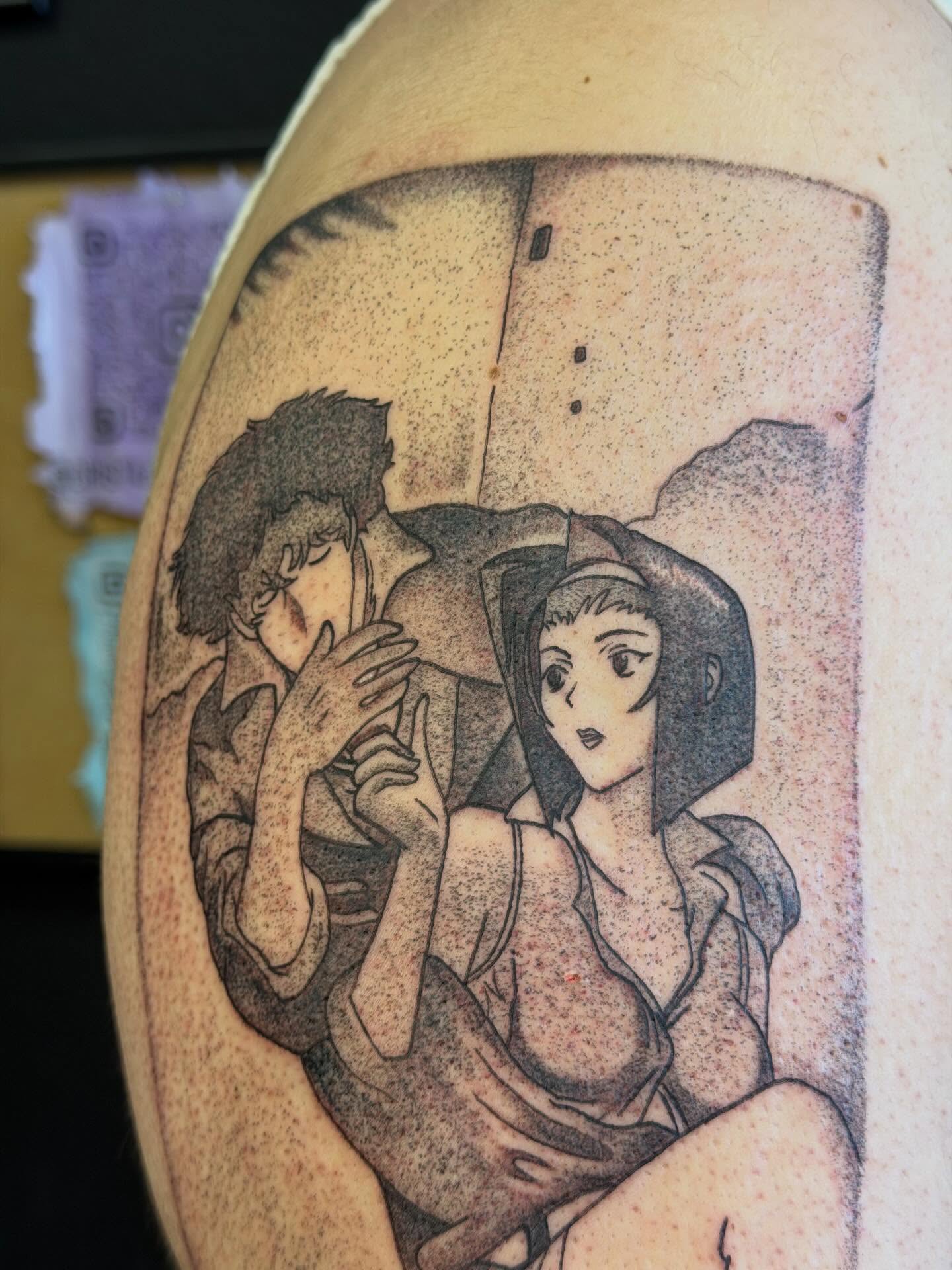 Anime couple dotwork tattoo on the shoulder by LooSid