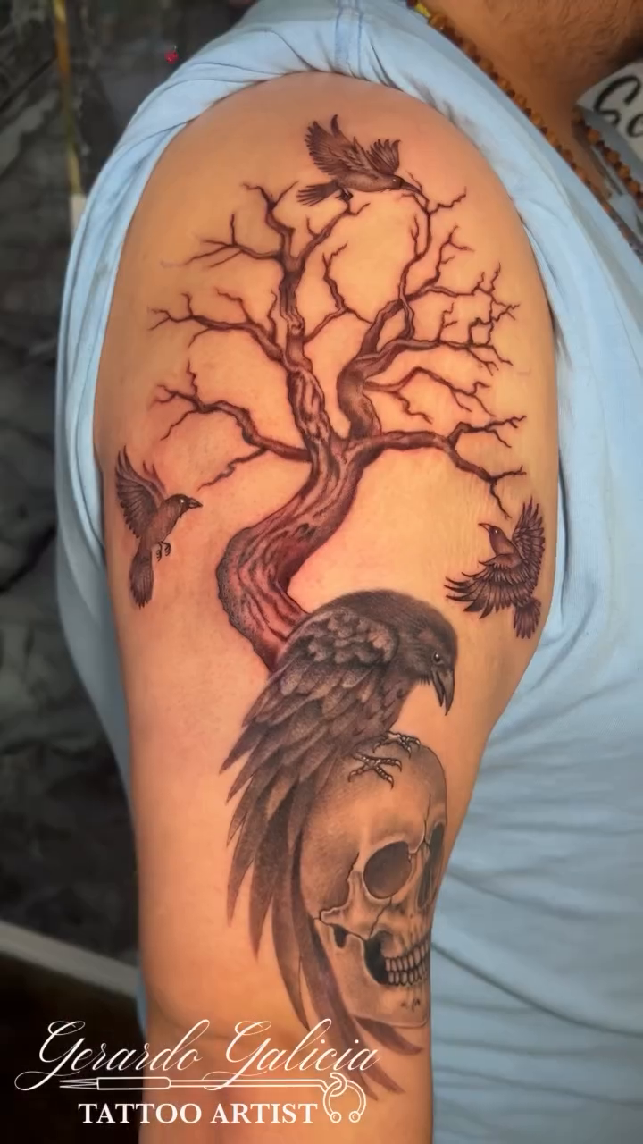 Raven and skull with tree dark art tattoo on the shoulder by Gerardo Galicia, New York, New York