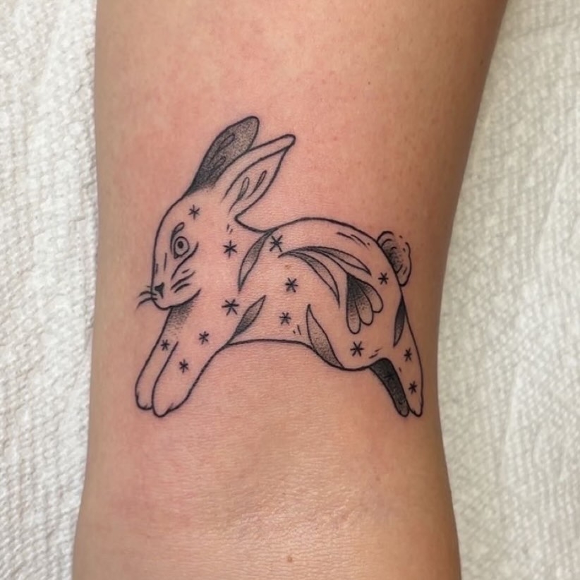 Rabbit dotwork tattoo on the forearm by Molly Dixon