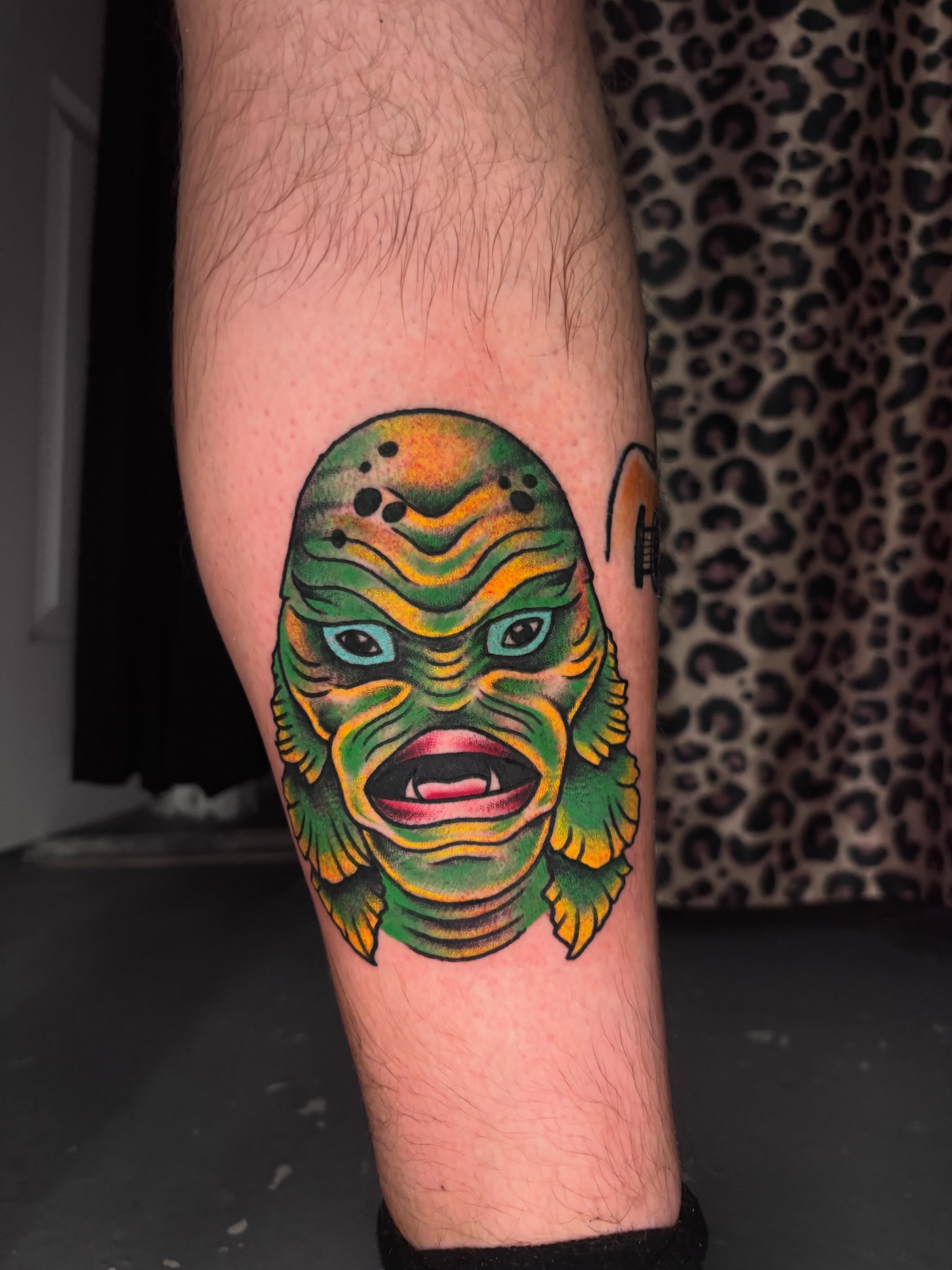 Creature from the Black Lagoon American traditional tattoo on the forearm by ✯ ❀ emily ruth ❀ ✯