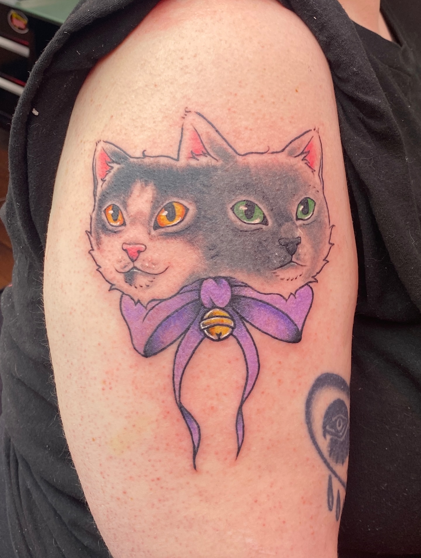 Cat with bow realism tattoo on the shoulder by Elliot Jaye Valentine