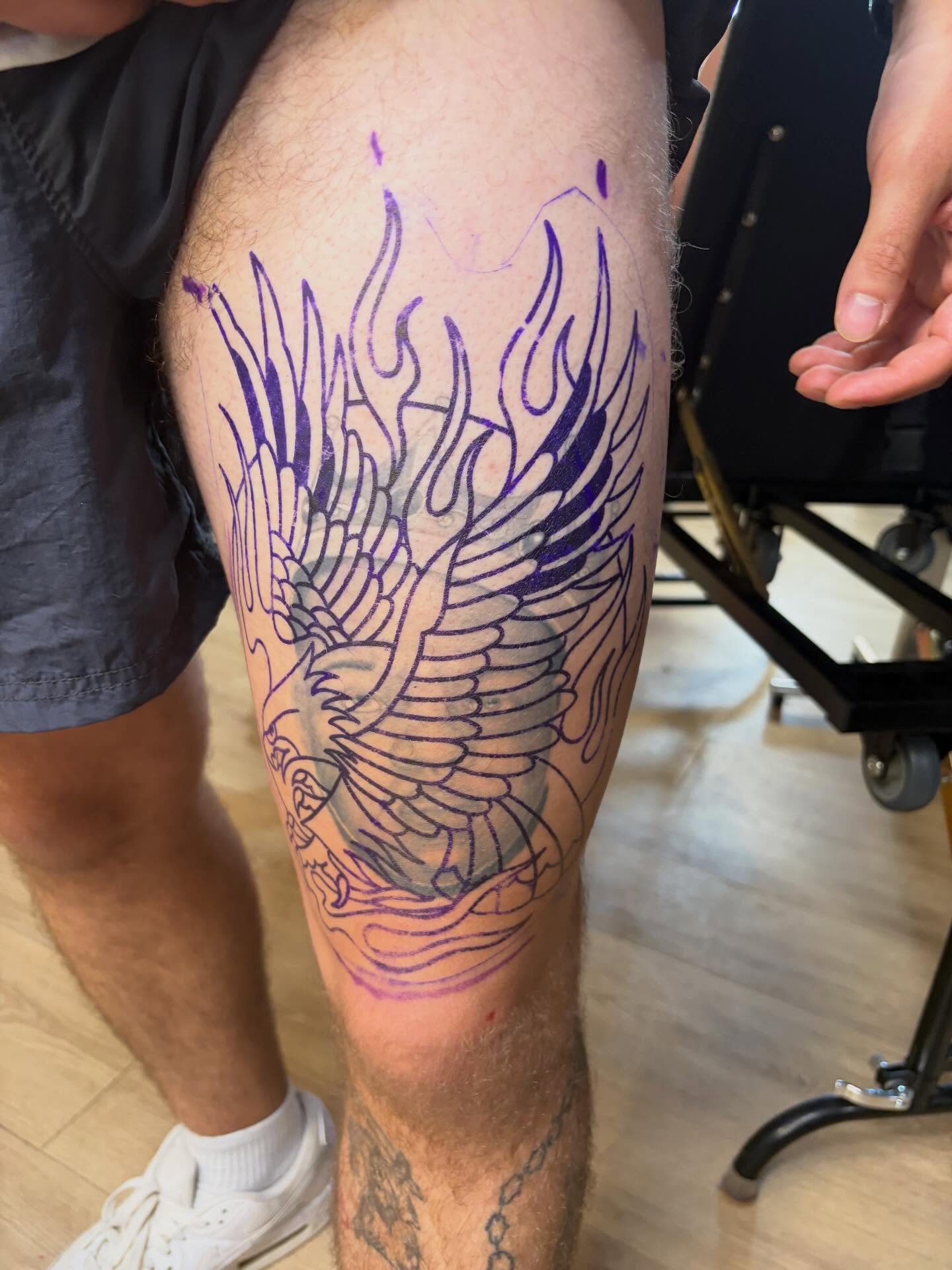 Phoenix American traditional tattoo on the thigh by Scrap Iron Tattoos