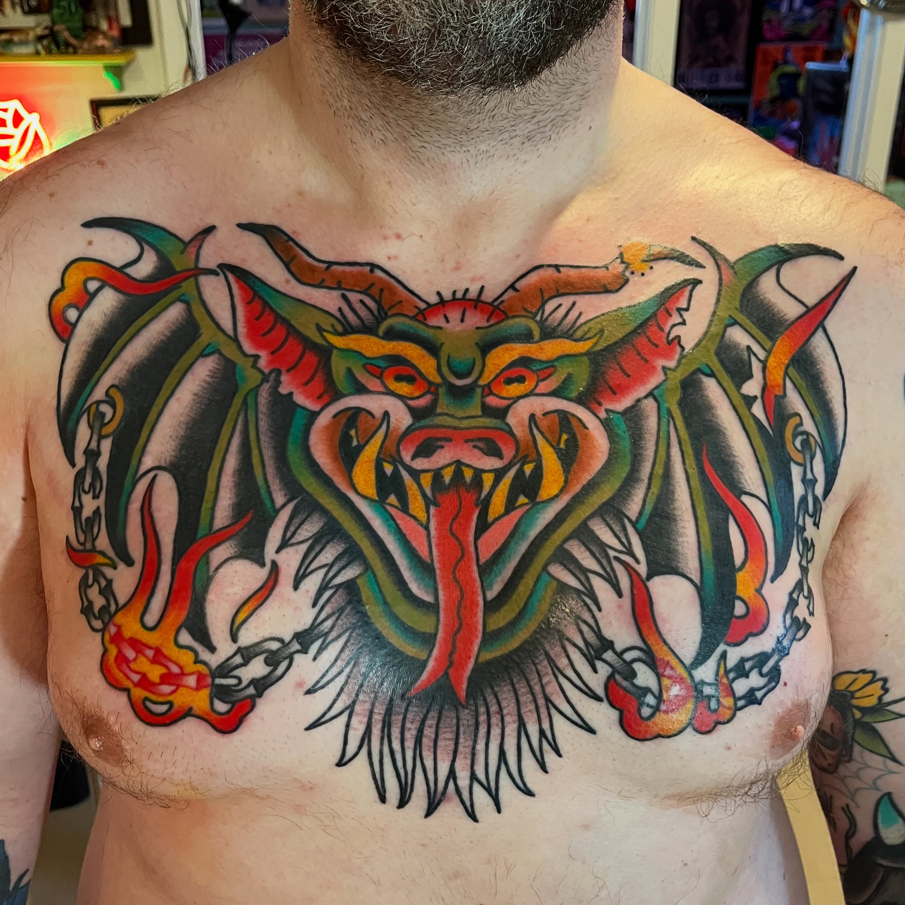 Demon head American traditional tattoo on the chest by atomlenhart, Lancaster, Pennsylvania