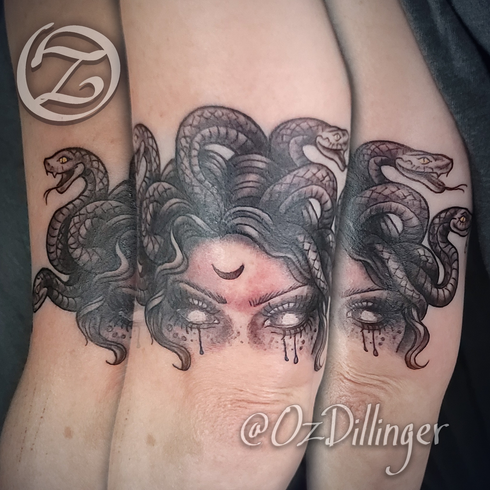 Medusa realism tattoo on the forearm by Oz Dillinger