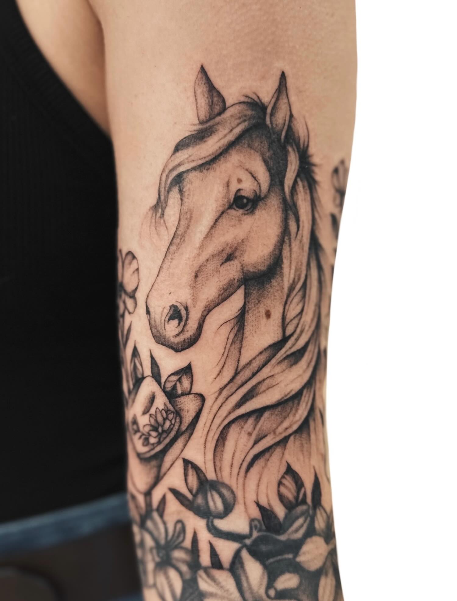 Tattoo by @shroomgrrrl — black_and_grey