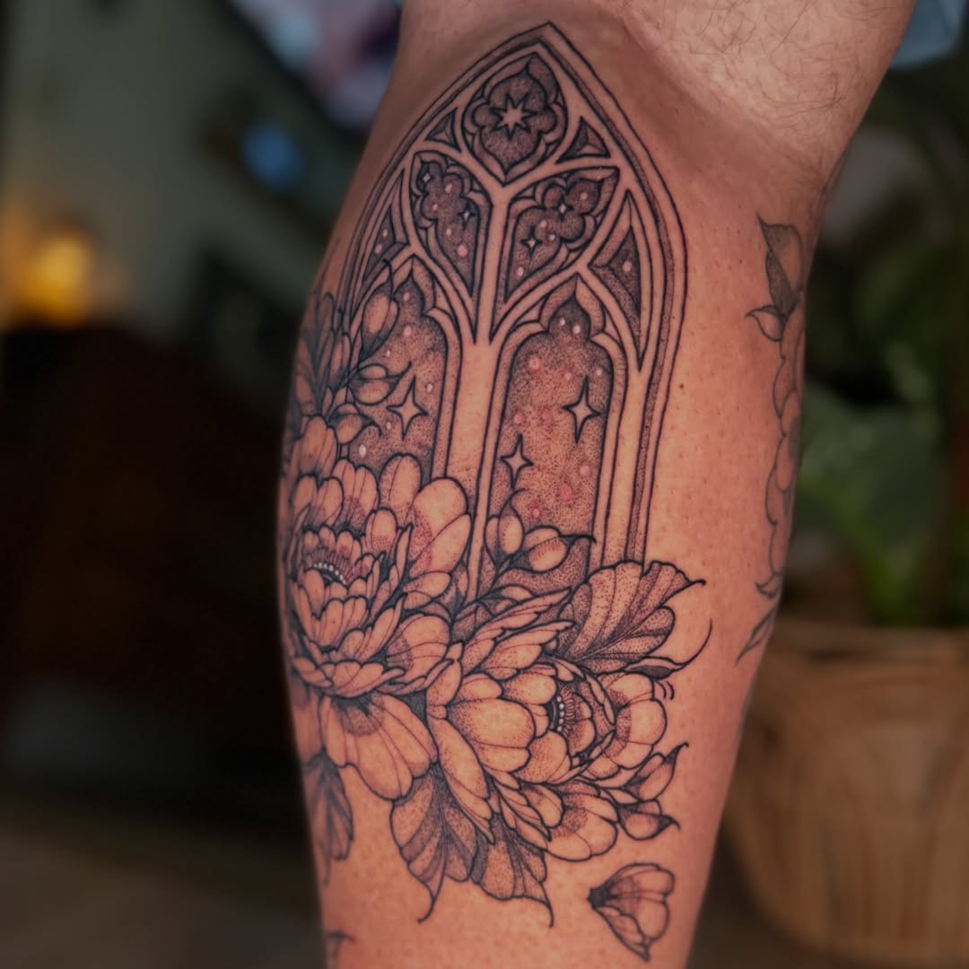 Gothic window and flowers geometric tattoo on the forearm by Chiah
