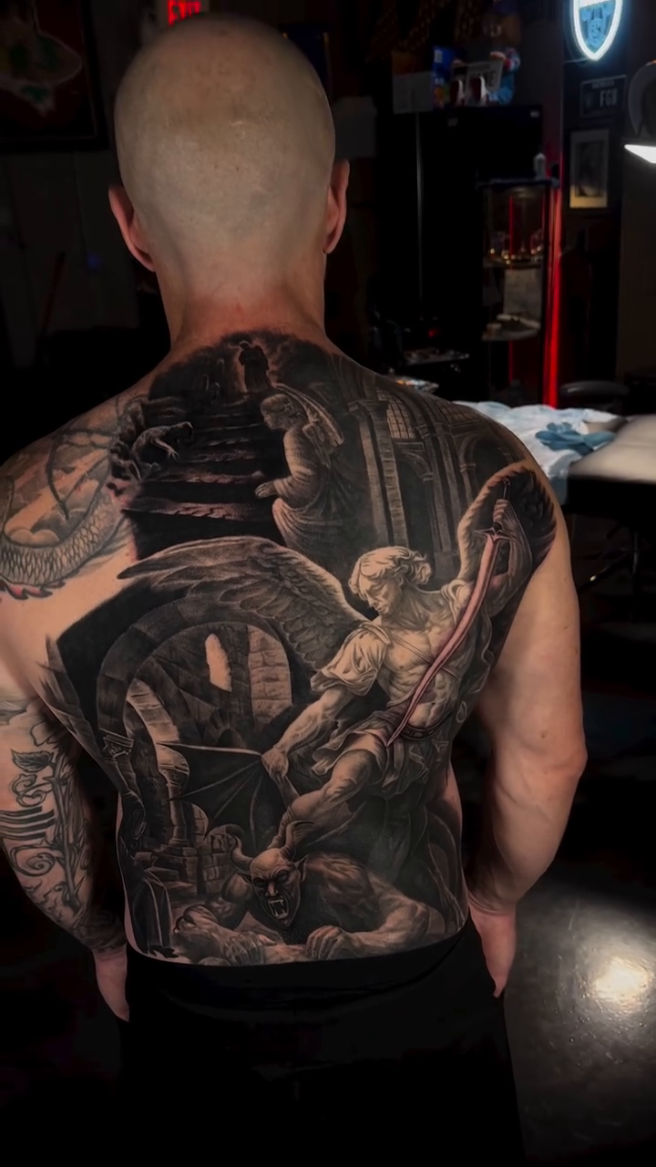 Angelic figures and architectural elements realism tattoo by Andrew Wine🍷Tattoo