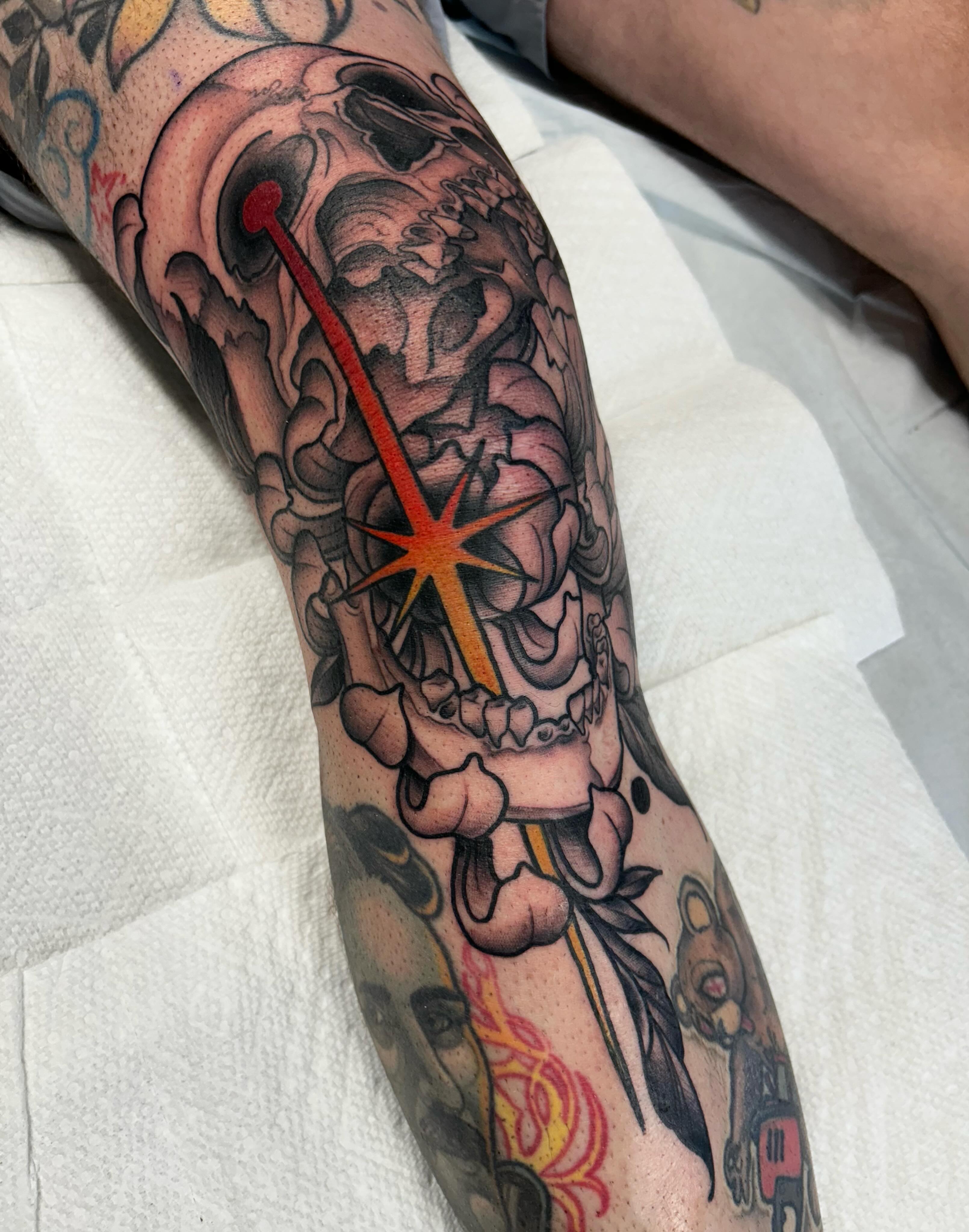 Skull with star American traditional tattoo on the forearm by Kayla Fay, Baton Rouge, Louisiana