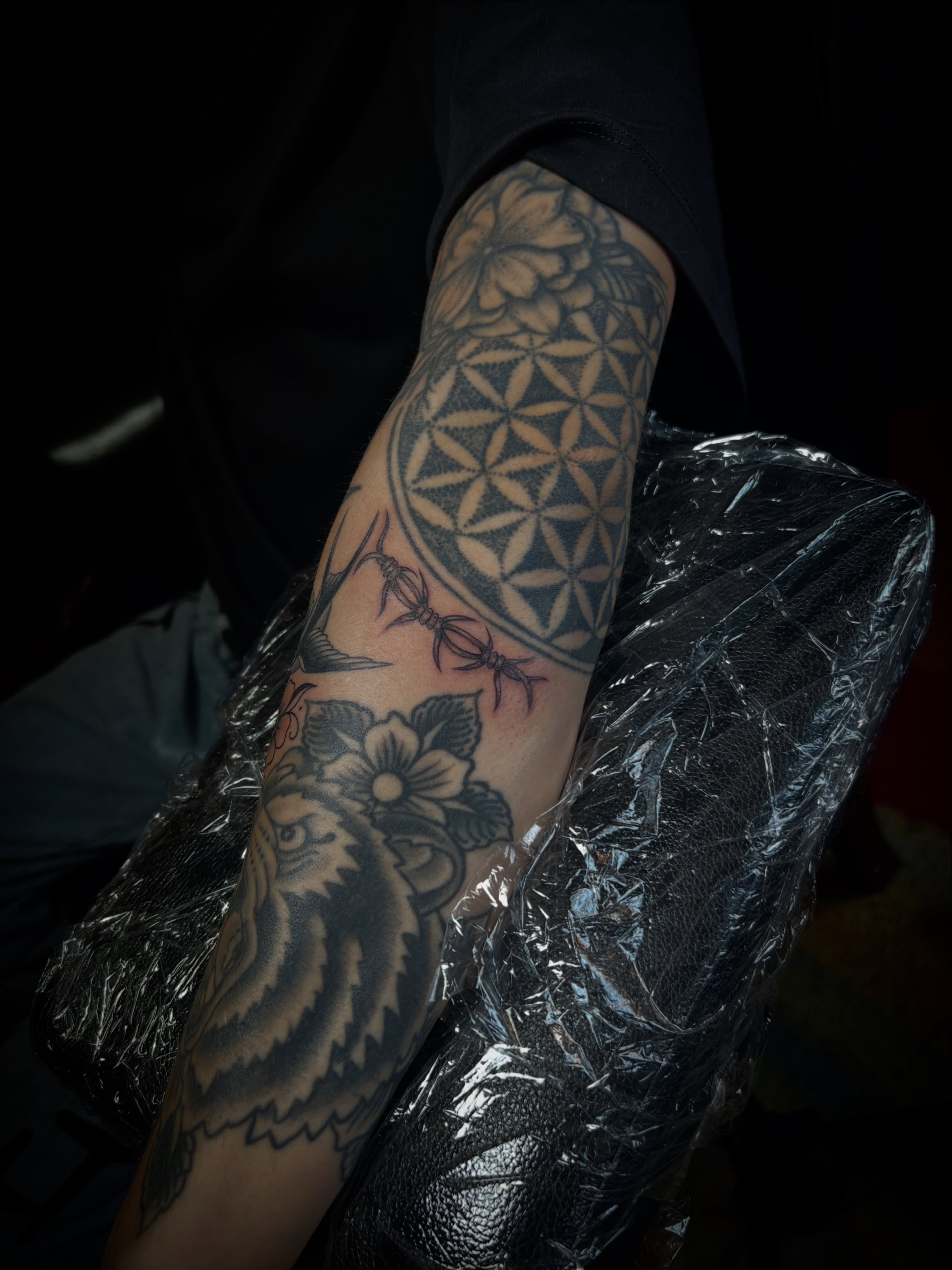Geometric pattern and floral elements geometric tattoo on the forearm by Elaine Nerowski ☾