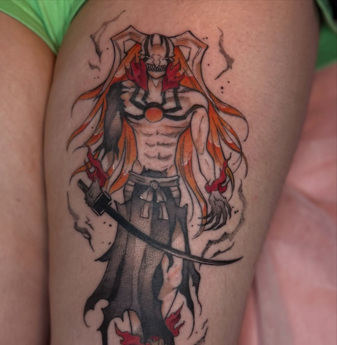 Demon warrior anime tattoo on the thigh by Jynx