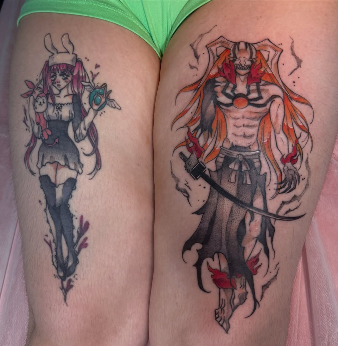 Anime characters anime tattoo on the thigh by Jynx