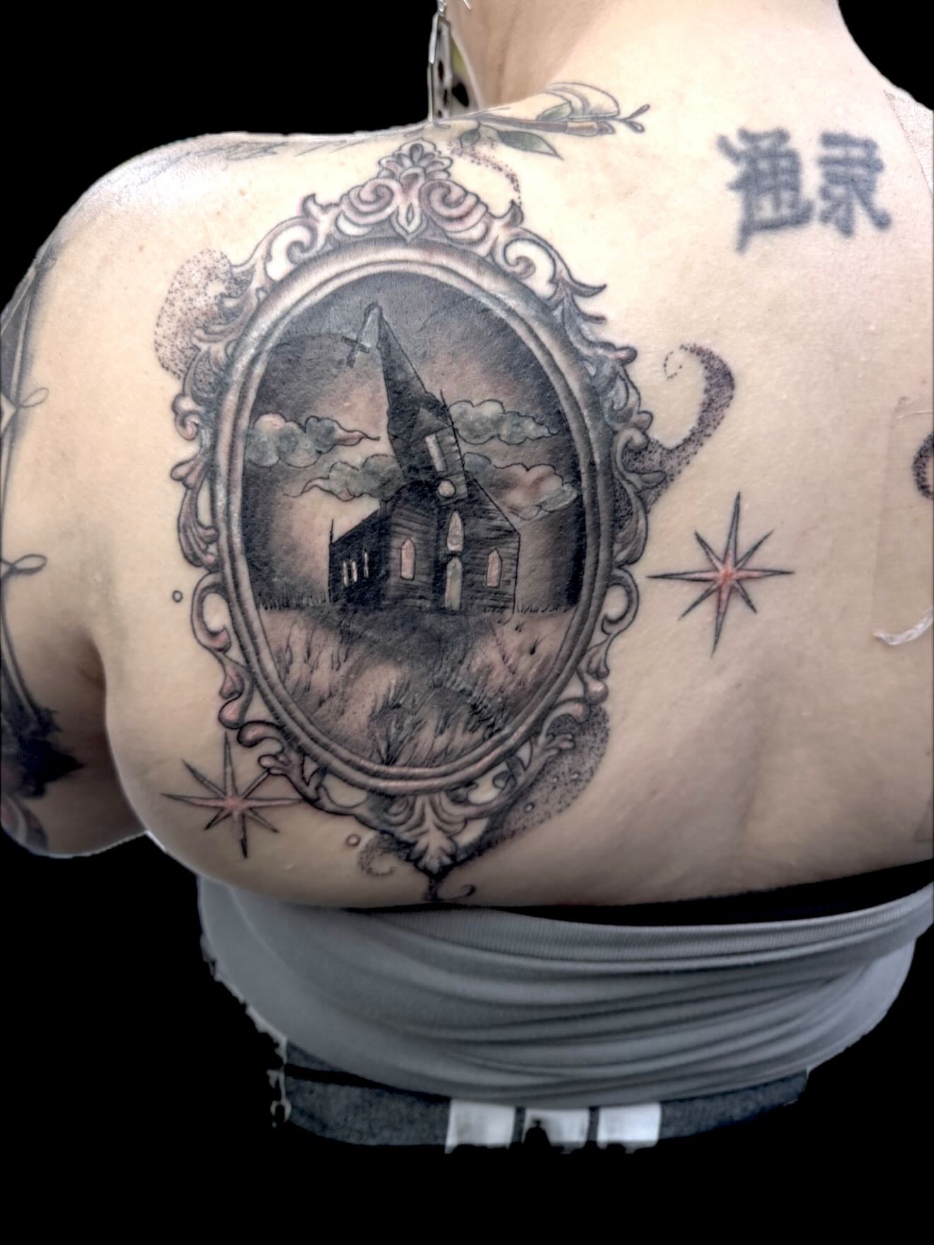 Ruined church realism tattoo on the back by ⋆༺⋆˖⁺‧₊  ☽  ⛦⃝  ☾  ₊‧⁺˖⋆༻⋆𝔄𝔩𝔬𝔫𝔡𝔯𝔞  🌾