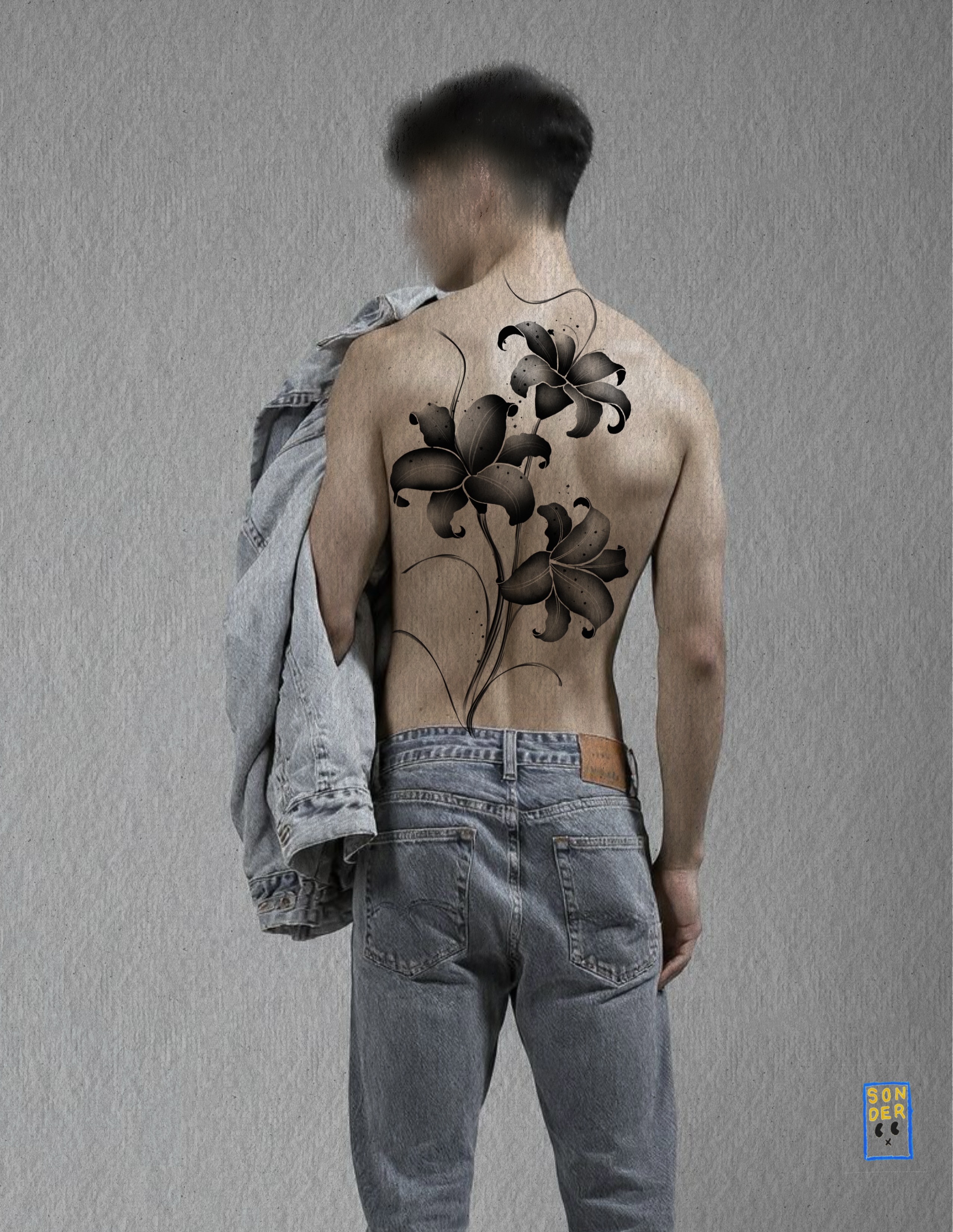 Flowers black and grey tattoo on the back by Bryan Nguyen