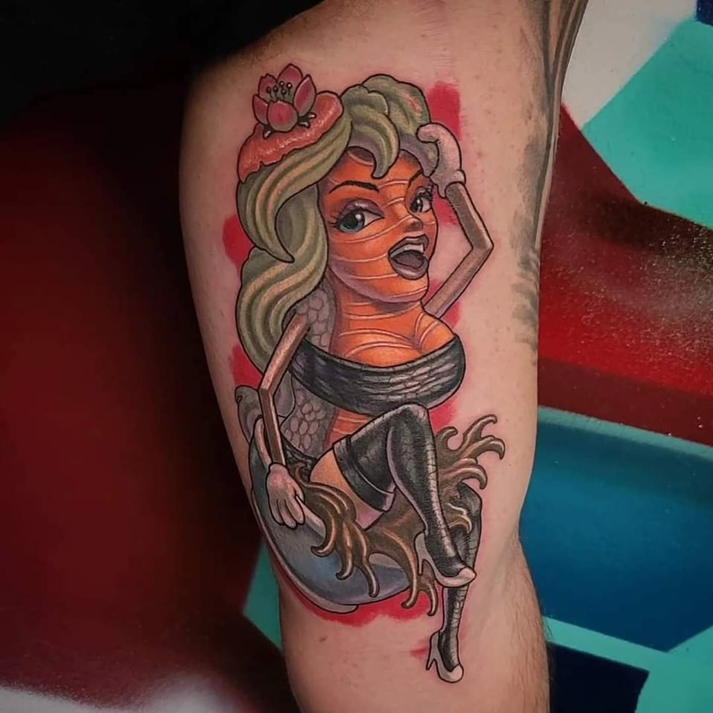 Mermaid American traditional tattoo on the thigh by Chicago Tattoo Artist New School Tattoos, Naperville, Illinois