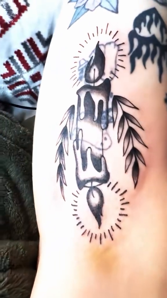 Candle with leaves minimalist tattoo on the upper arm by ☆ ciara ☆
