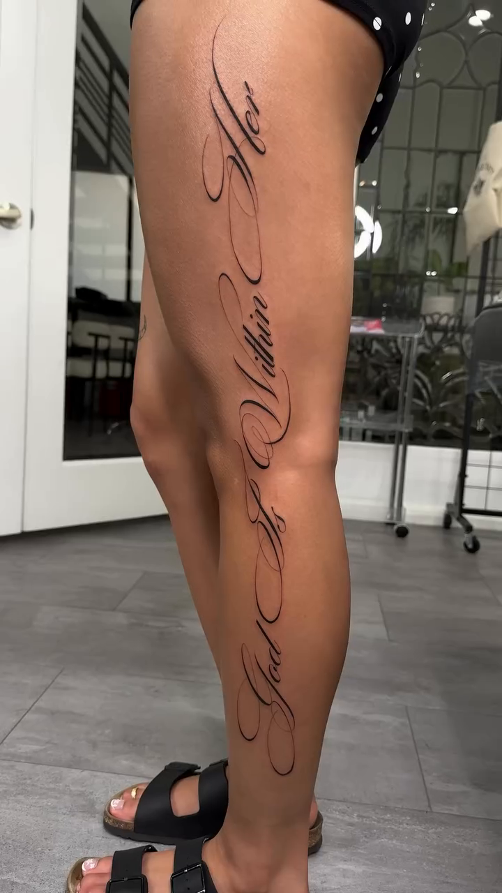 Script tattoo on leg lettering tattoo on the leg by Jennifer Garcia R - Vegas tattoo artist